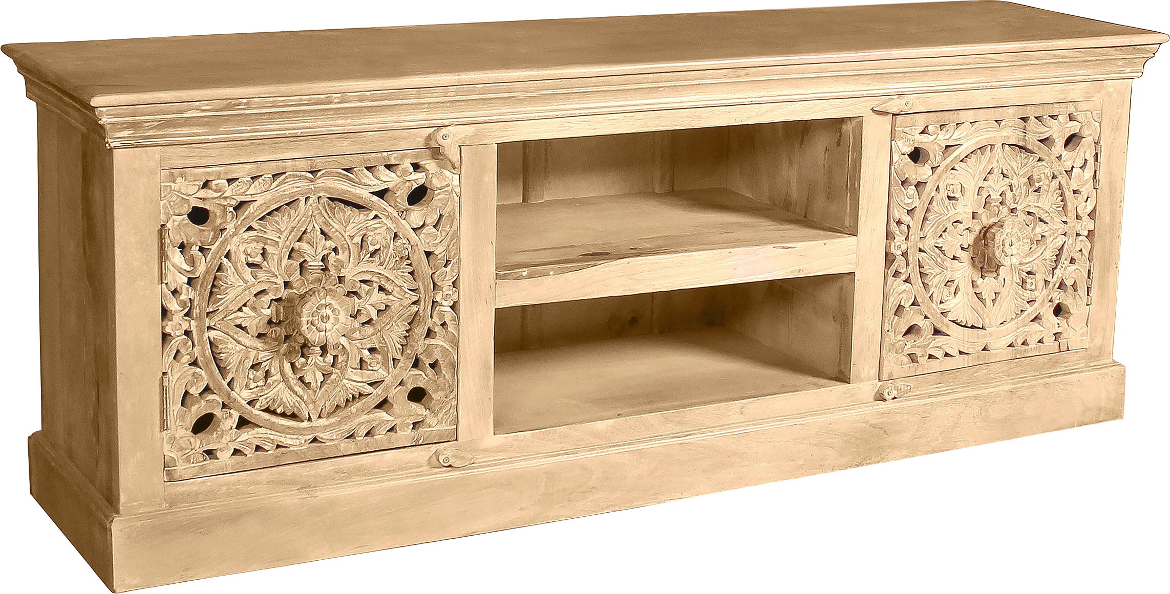 SIT Table basse »Dmanisi aus Mangoholz mit 2 Türen und 2 offenen Fächern« Meuble TV bas avec 2 trous pour câbles et sculptures détaillées