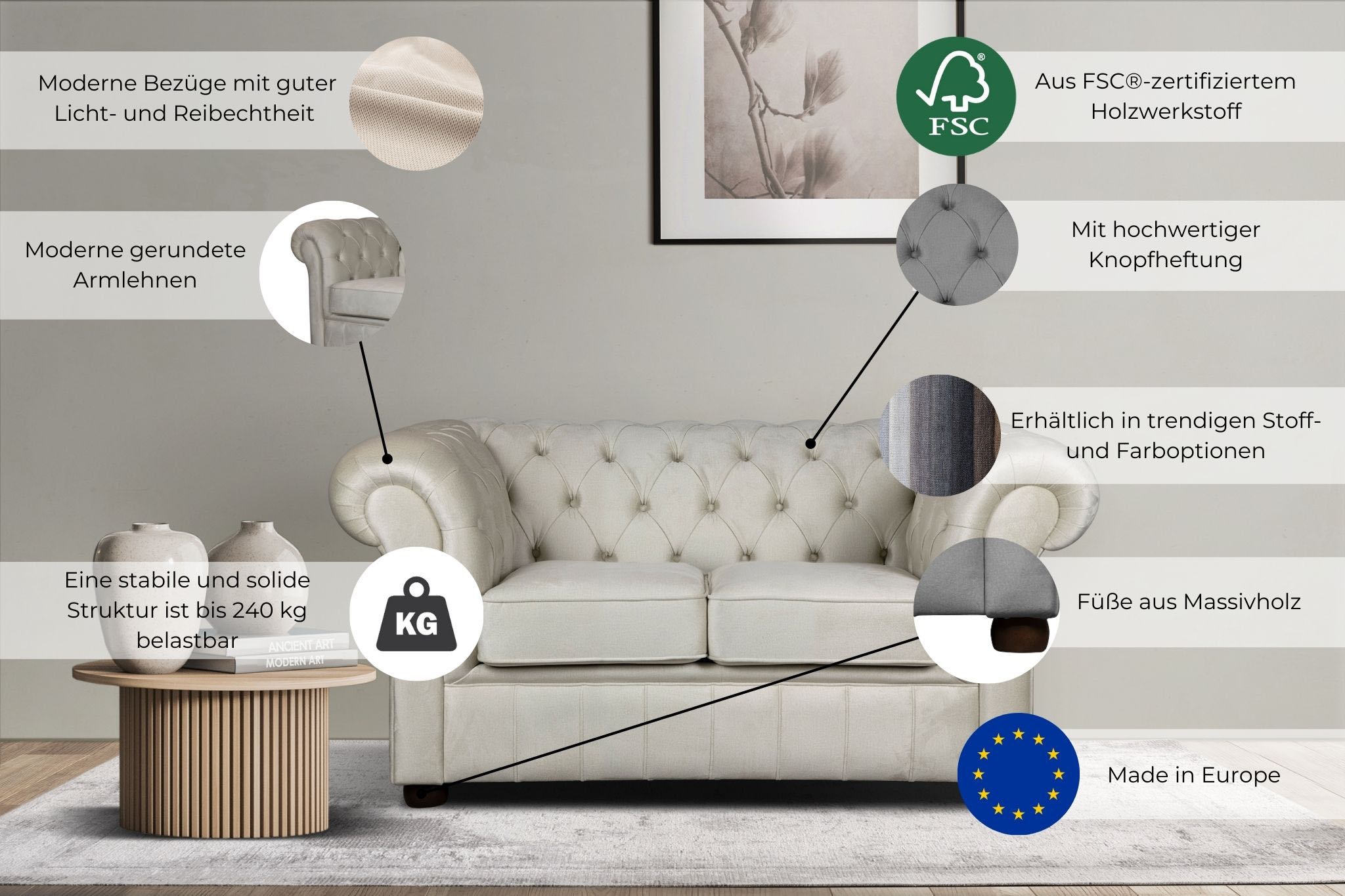 Home affaire 2-Sitzer »CHARENTE, Chesterfield-Sofa, Wellenfederung, Masse: B/T/H: 147/89/74 cm« mit edler Knopfheftung und typischen Armlehnen