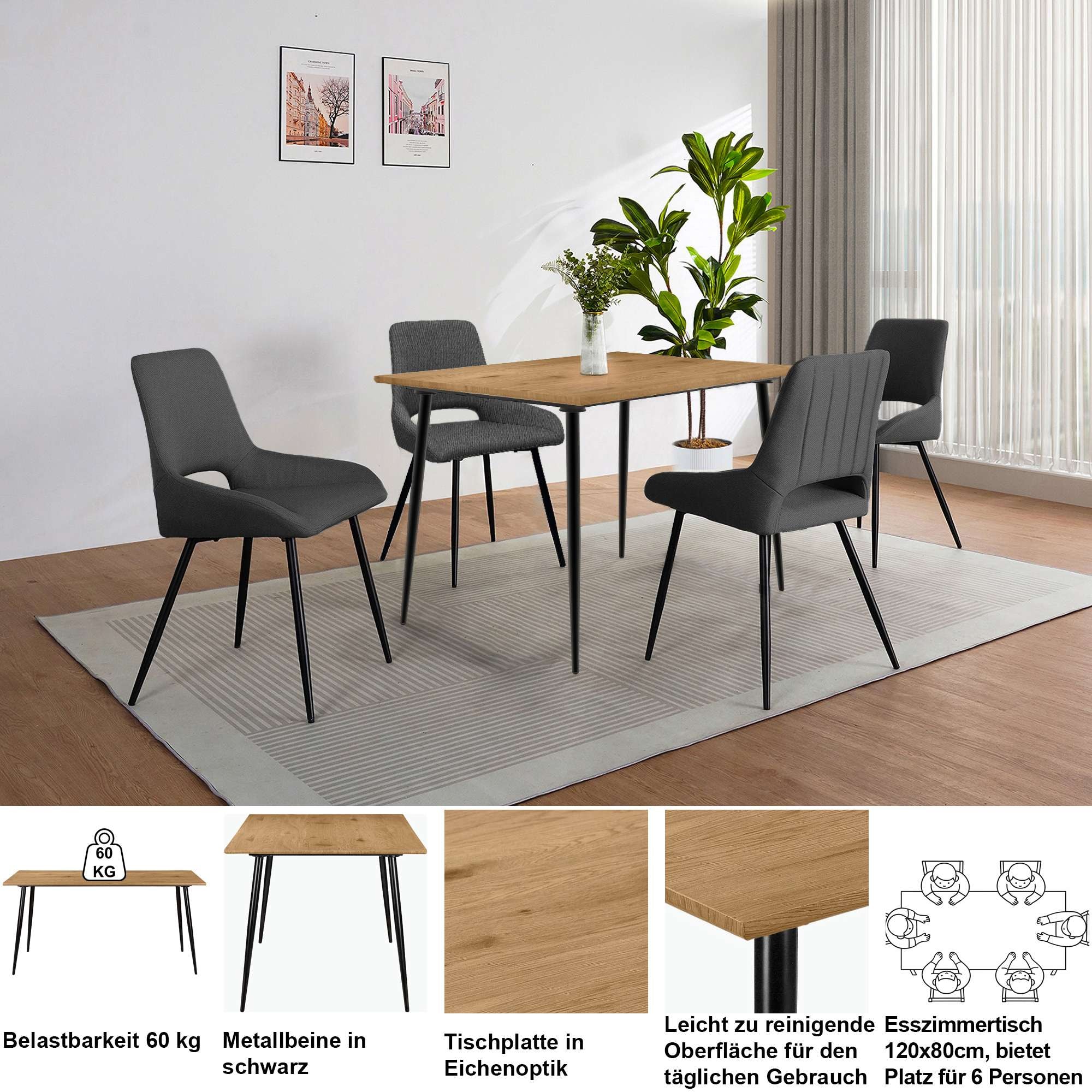GOODproduct Table de salle à manger »Danny« avec pieds métalliques laqués poudre, Ø 38 mm