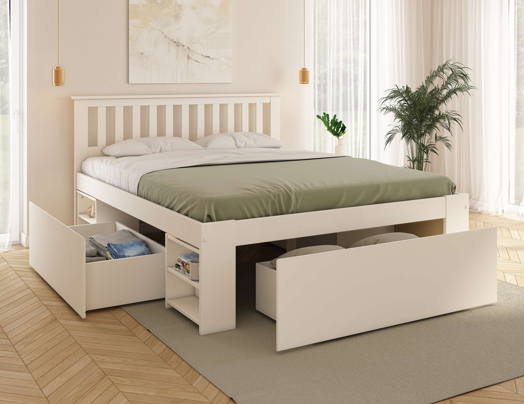 Image of GOODproduct Massivholzbett "Kallvin, platzsparend, 3 Bettkästen, Nachtschränke ausziehbar" inklusive Lattenrost, ideal fürs Jugendzimmer und kleine Räume, FSC