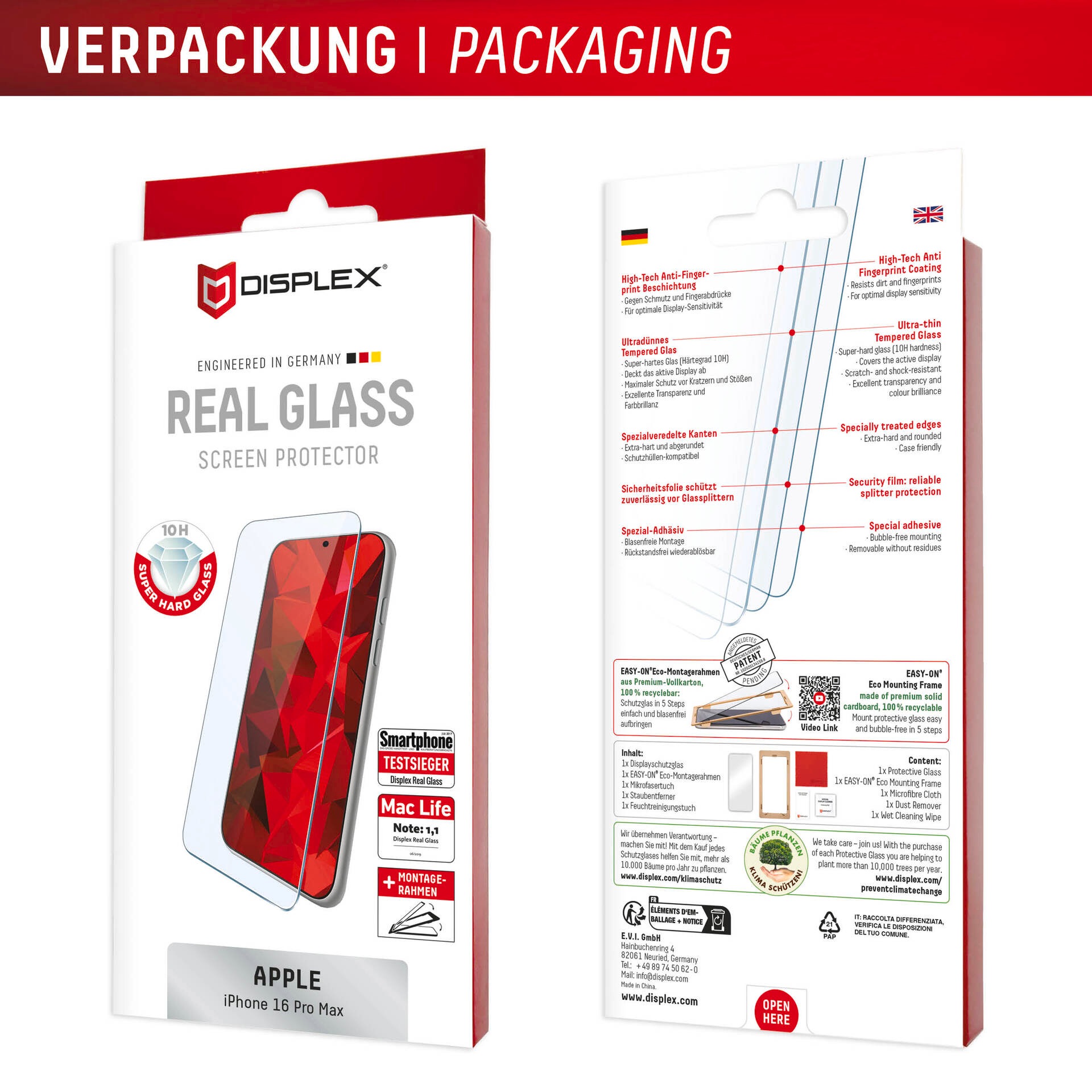 Displex Displayschutzglas »Real Glass Screen Protection«, für Apple iPhone 16 Pro Max, Displayschutzfolie, Schutzfolie, Bildschirmschutz, kratz- & stossfest