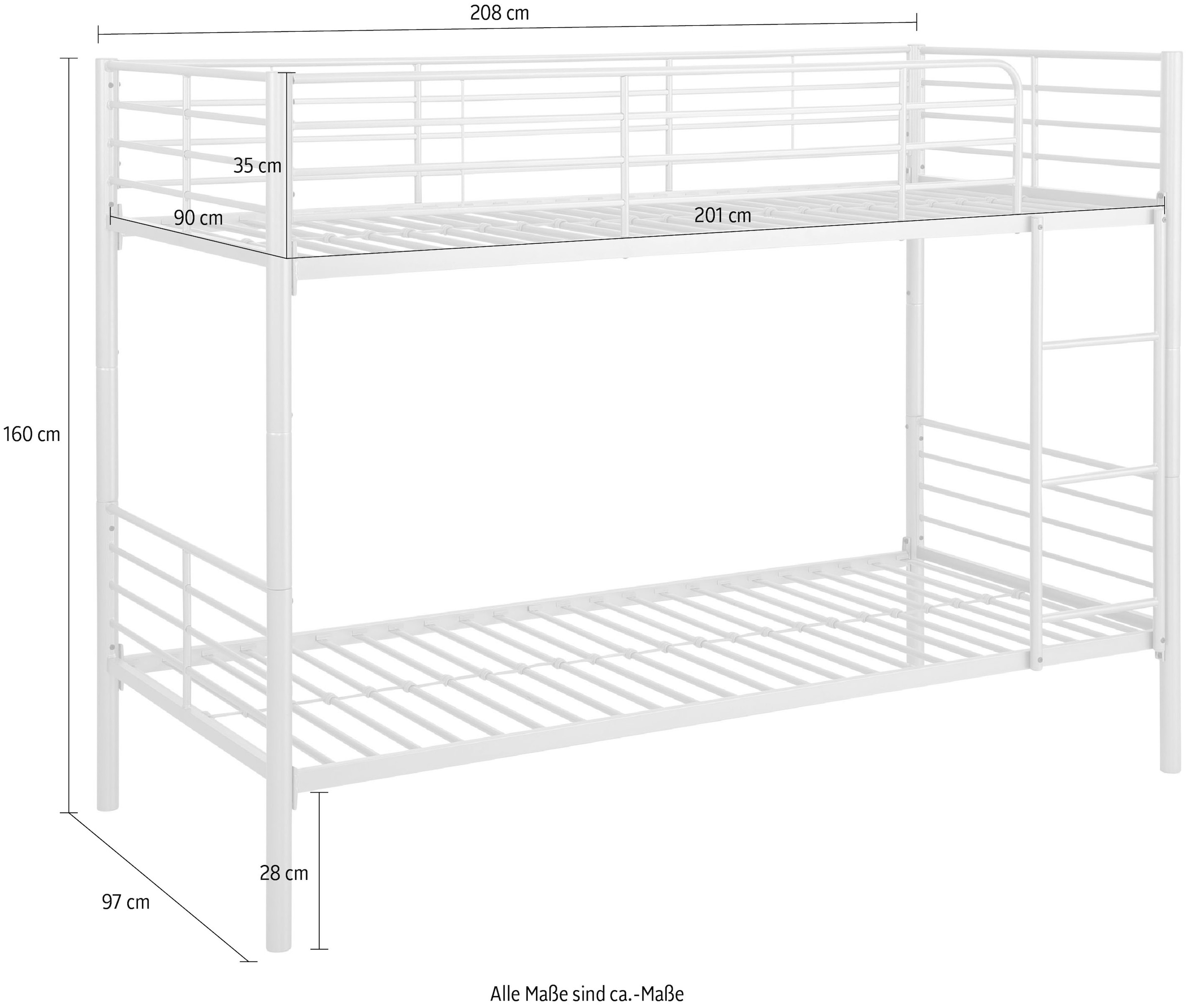 Lüttenhütt Etagenbett »Hayo, Belastbarkeit 250 KG! Metallbett, Stockbett«, (teilbar in 2 Einzelbetten), perfekt für kleine Räume, mehrere Farben, (B/T/H) ca. 208/97/160 cm