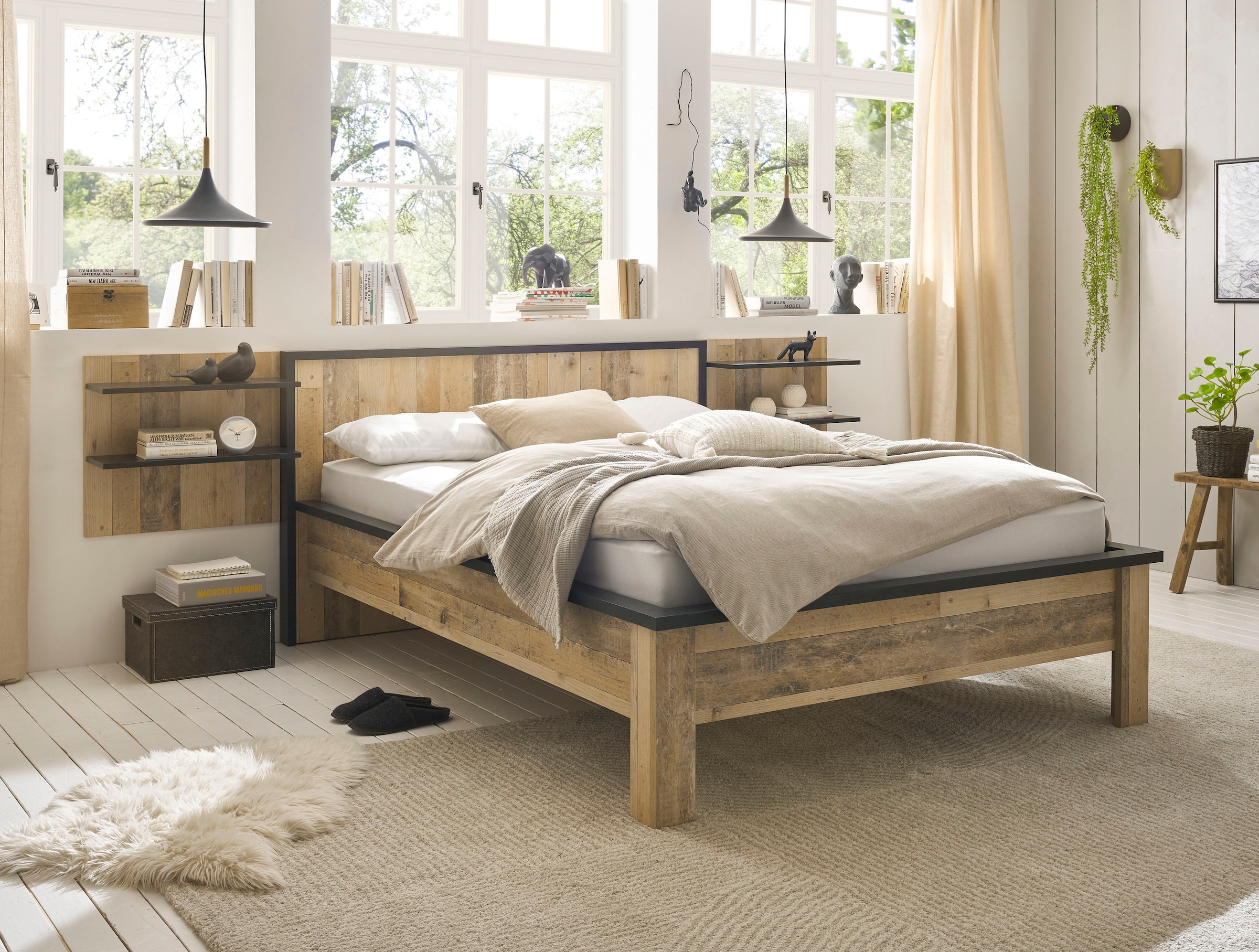 Home affaire Bettanlage »SHERWOOD« 3 Stk. tlg. Liegefläche Bett 140x200cm, Wandpaneel mit jeweils 2 Ablageflächen