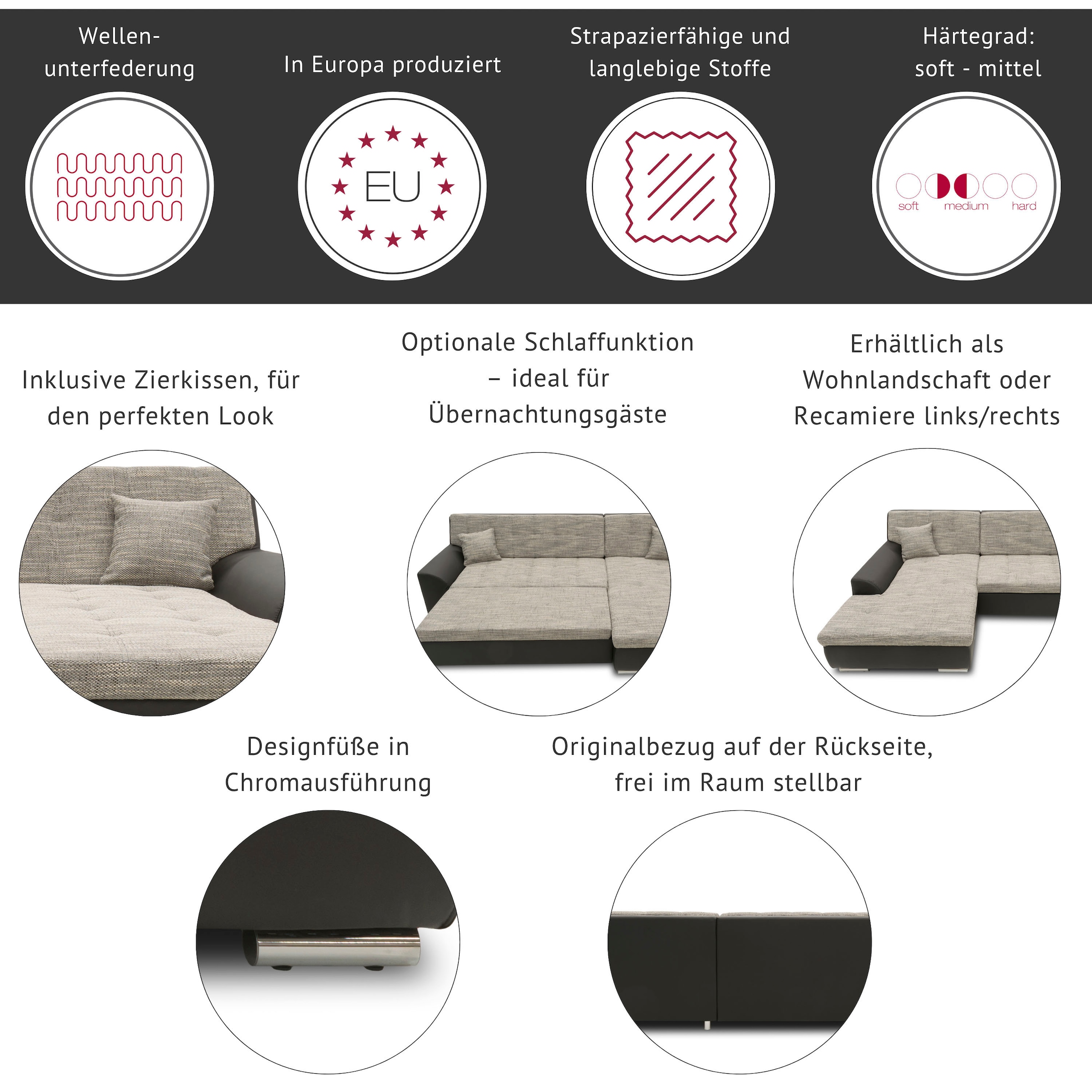 DOMO collection Ecksofa »TREVISO viele Bezüge, auch in Cord, L-Form, 267x178 cm« wahlw. mit Bettfunktion, inkl. Zierkissen, Unser Dauertiefpreis