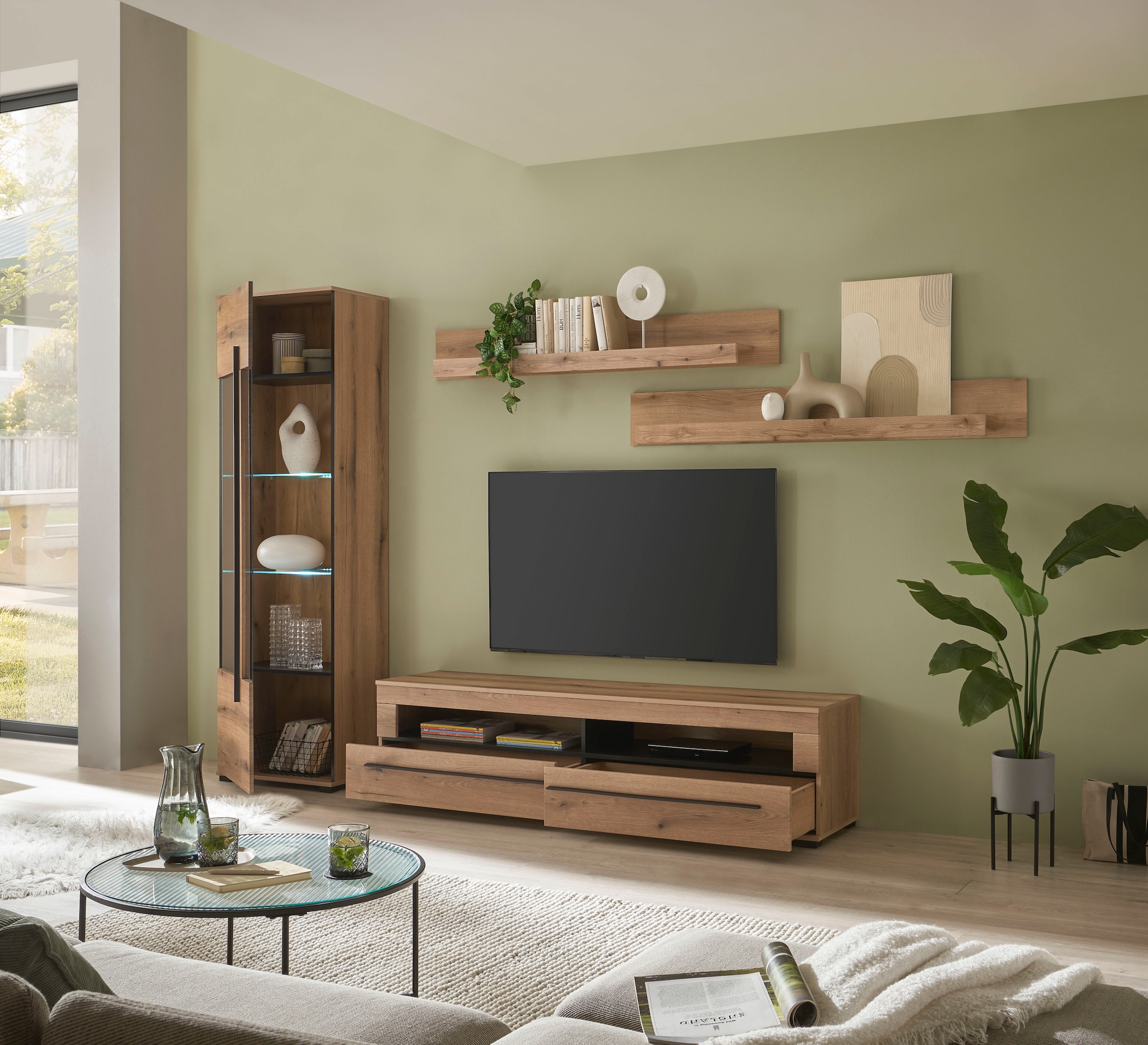INOSIGN Wohnwand »Cantara, moderne Anbauwand, Wohnzimmer-Set, in Eiche Evoke oder Weiss«, (Set), enthält eine Vitrine, ein Lowboard und zwei Wandboards