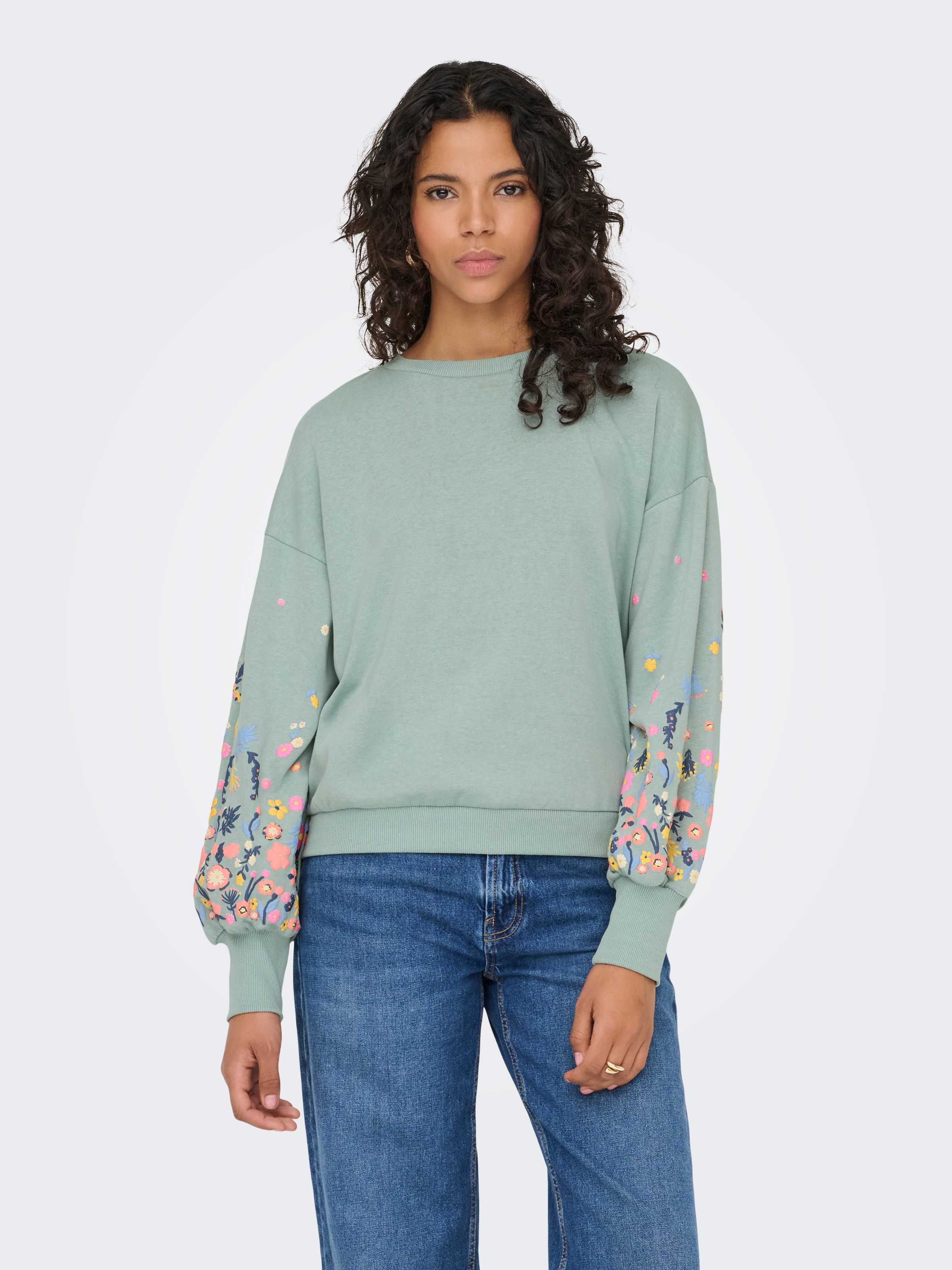 Image of ONLY Sweatshirt "ONLBROOKE L/S O-NECK FLOWER SWT", Baumwollmischung, regular fit
