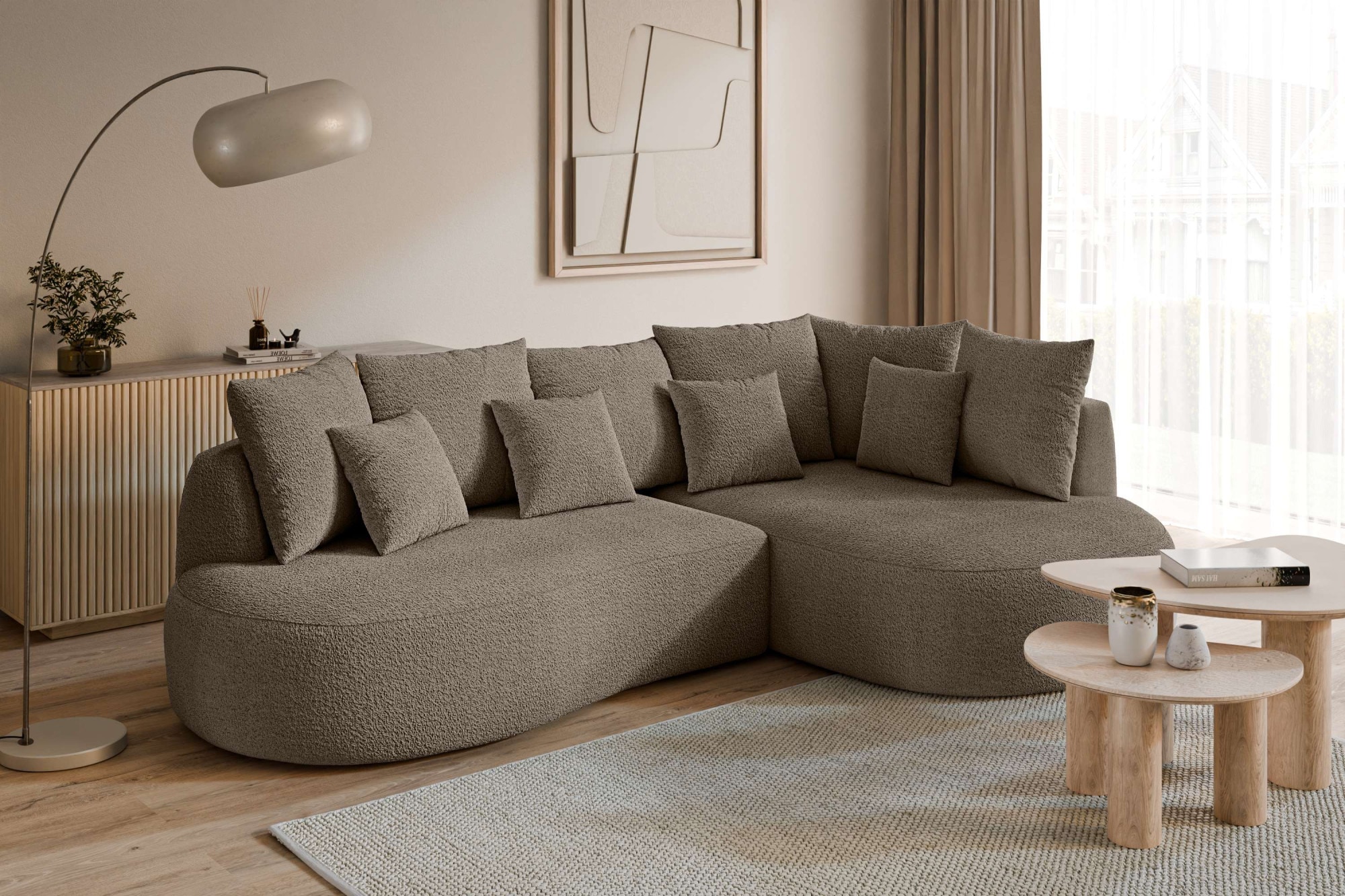 Image of homsy by Ana Johnson Ecksofa "PEBBLA L-Form mit vielen Kissen, modernes Design, Bezug- Boucle" Breite 267 cm, Design-Sofa mit Ottomane recht/links bestellbar