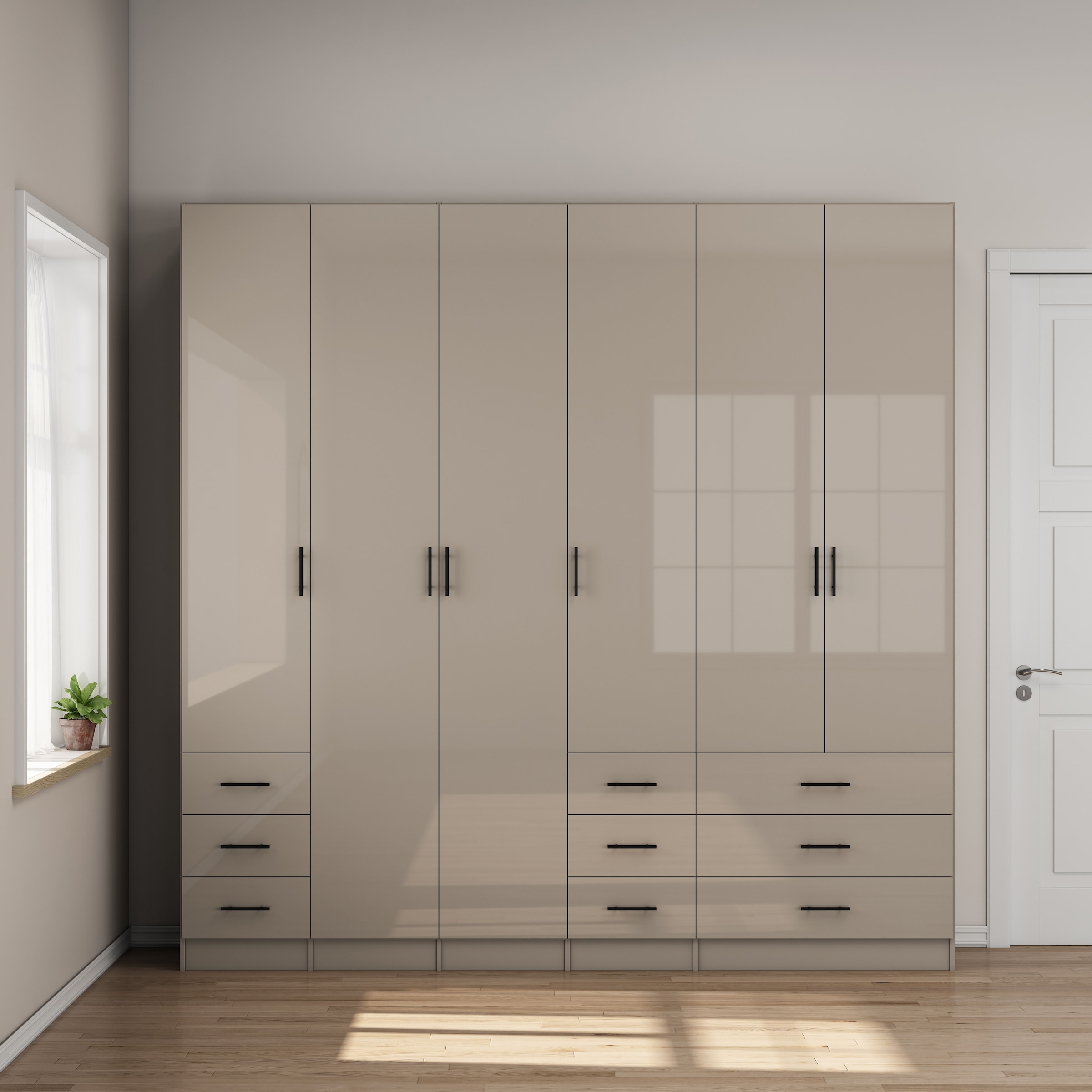 GOODproduct Armoires à vêtements »Trento Schlafzimmerschrank Garderobe hochglanz« in 2 unterschiedlichen Schrankhöhen wählbar,  Schrank mit 6 Türen und 9 Schubladen, Hochglanz-Fronten, 2,39m Höhe