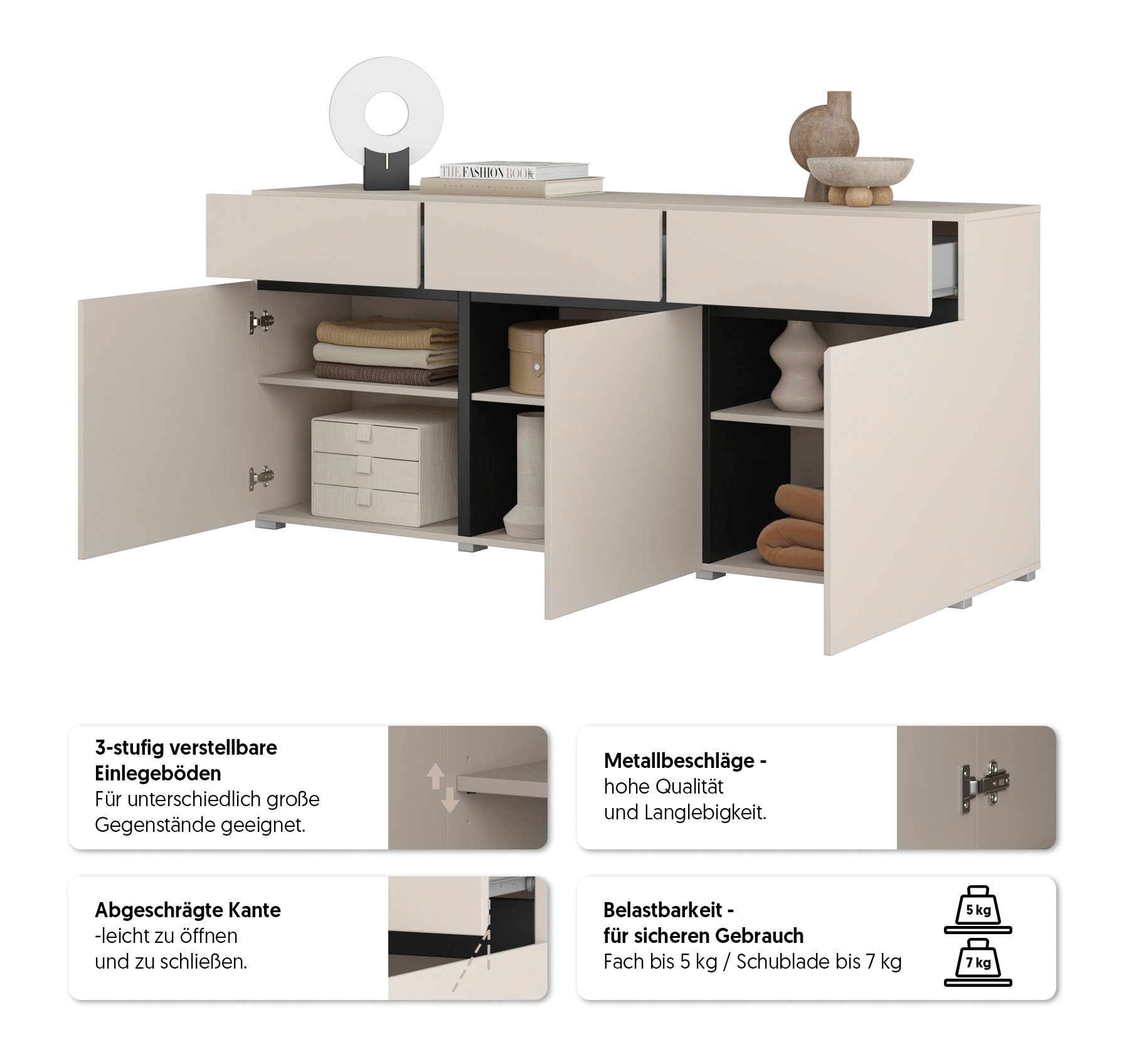GOODproduct Sideboard »Cross,Breite 180 cm, moderne grifflose Kommode,3 Türen/3 Schubkästen« Schubladenschrank mit viel Stauraum, Einlegeböden verstellbar