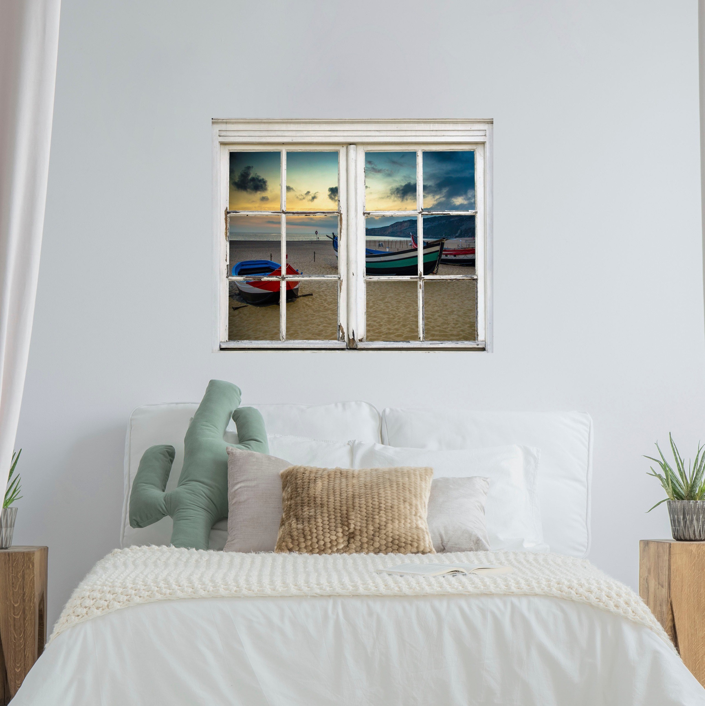 queence Autocollants muraux »Boote am Strand« Wandsticker, Wandbild, selbstklebend, 3D, Fenster