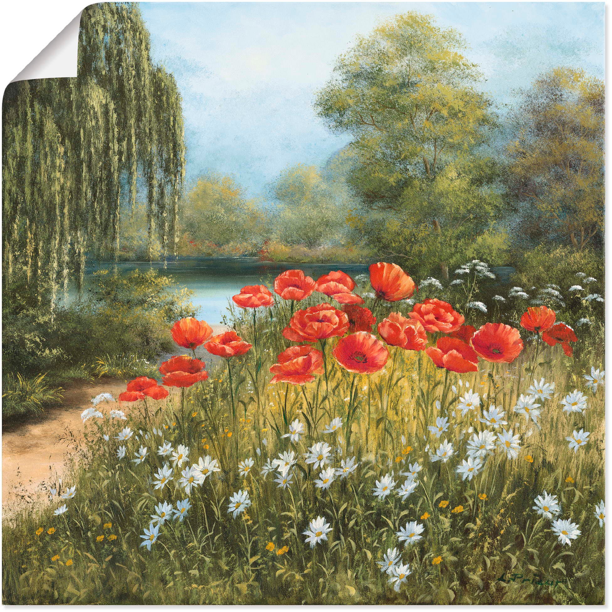 Image of Artland Wandbild »Mohnwiese am See«, Blumenwiese, (1 St.), in vielen Grössen & Produktarten - Alubild / Outdoorbild für den Aussenbereich, Leinwandbild, Poster, Wandaufkleber / Wandtattoo auch für Badezimmer geeignet bei Ackermann Versand Schweiz