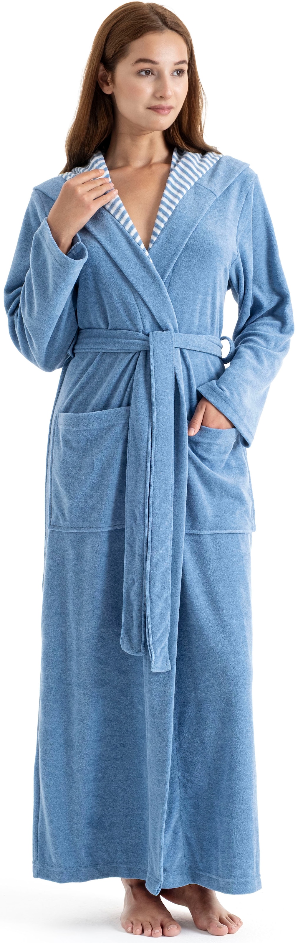 Image of KangaROOS Damenbademantel "Dalia, ideal für Sauna & Spa, Standardlänge & Überlänge" 1 Stk. Uni-Farben mit Streifen, Taschen, leicht, XS-3XL, auch in extra lang