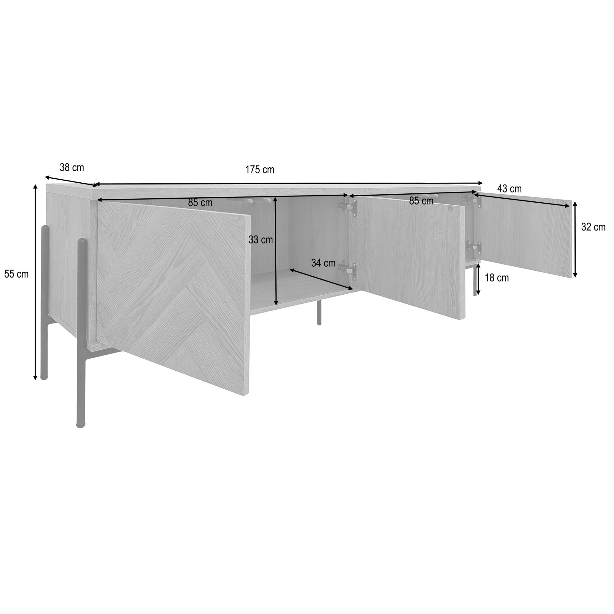 Leonique Lowboard »Eadwine« TV-Kommode, Push-to-open, Türen mit Fischgräten Muster, Breite 175 cm