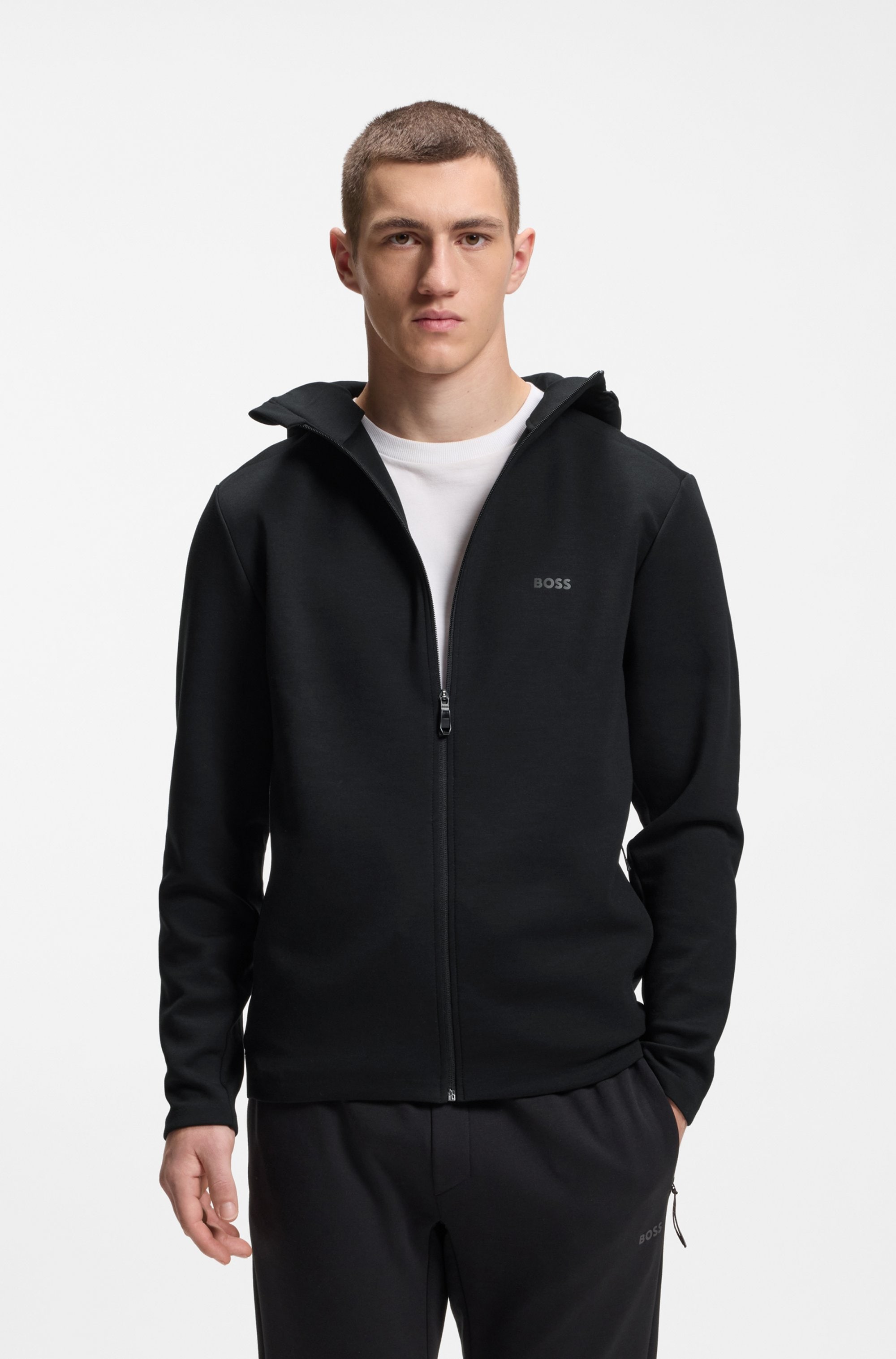 Image of BOSS GREEN Kapuzensweatjacke Regular Fit, reflektierende Details, Kapuze mit Kordelzug