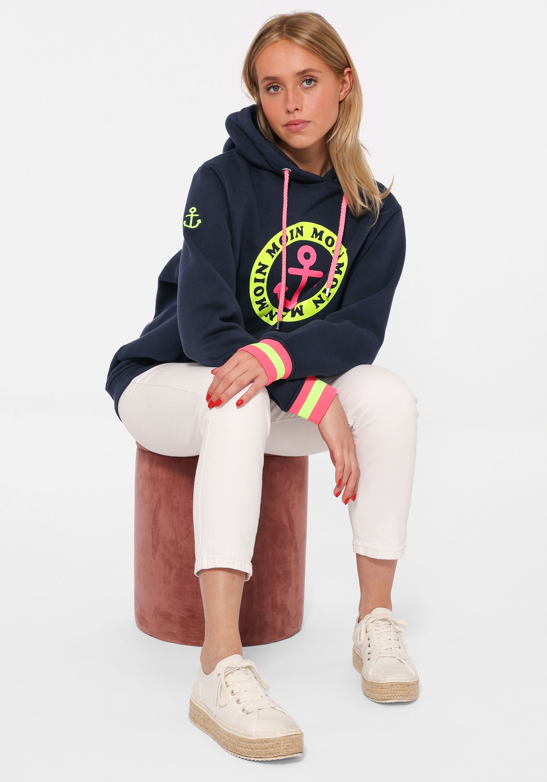Zwillingsherz Hoodie, Langarm, Kapuze, Neon-Details, Kordelzug, Frontprint, Kängurutasche