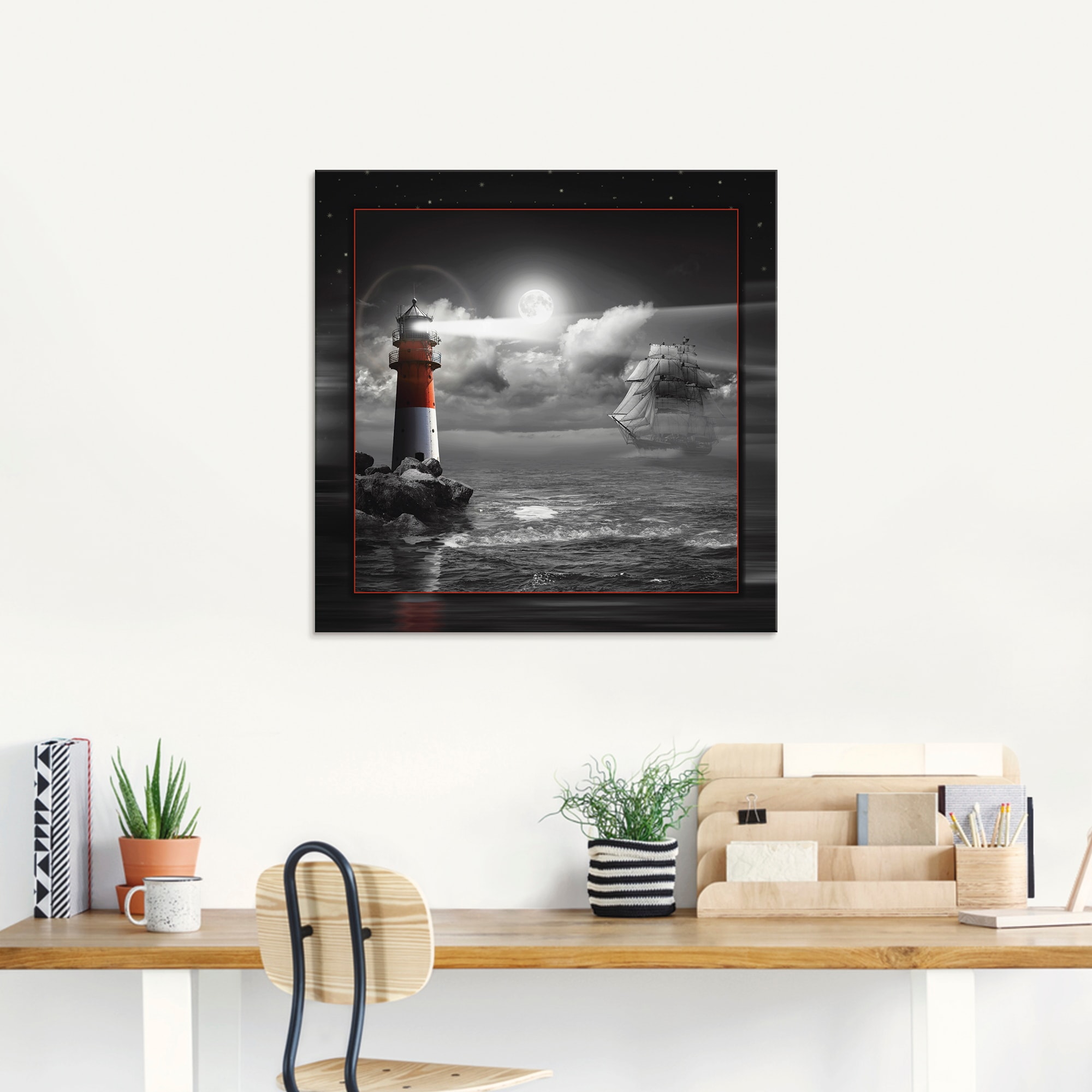 Artland Glasbild »Leuchtturm und Segelschiff im Mondschein«, Küste, (1 St.), in verschiedenen Grössen