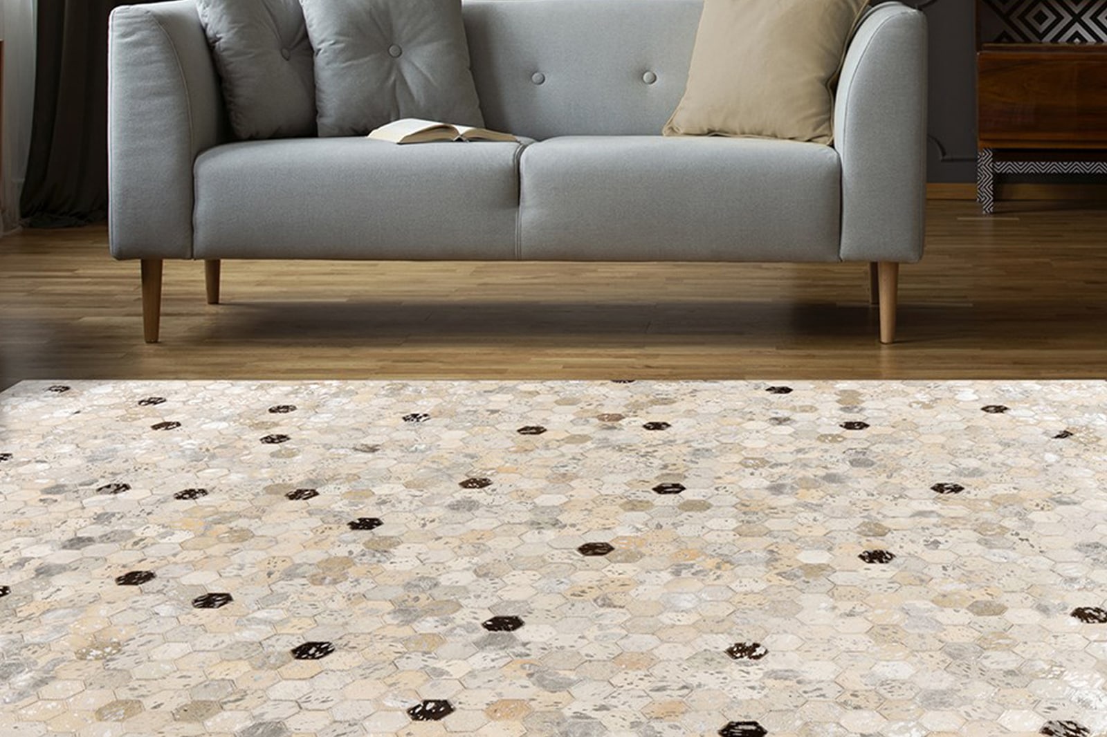 Image of Kayoom Lederteppich "Ravi 400 - Fellteppich" rechteckig 8 mm Höhe metallische Effekte, Patchwork Dessin, Rindsfell mit Wollrücken