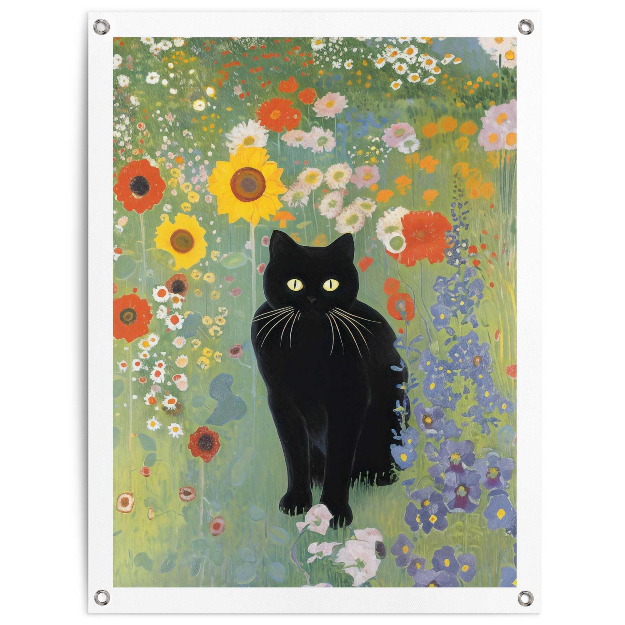 Image of Reinders Poster "Catfield" Garten - Blumen - Schwarze Katze - Mehrfarbig - Leinwand - Kunst