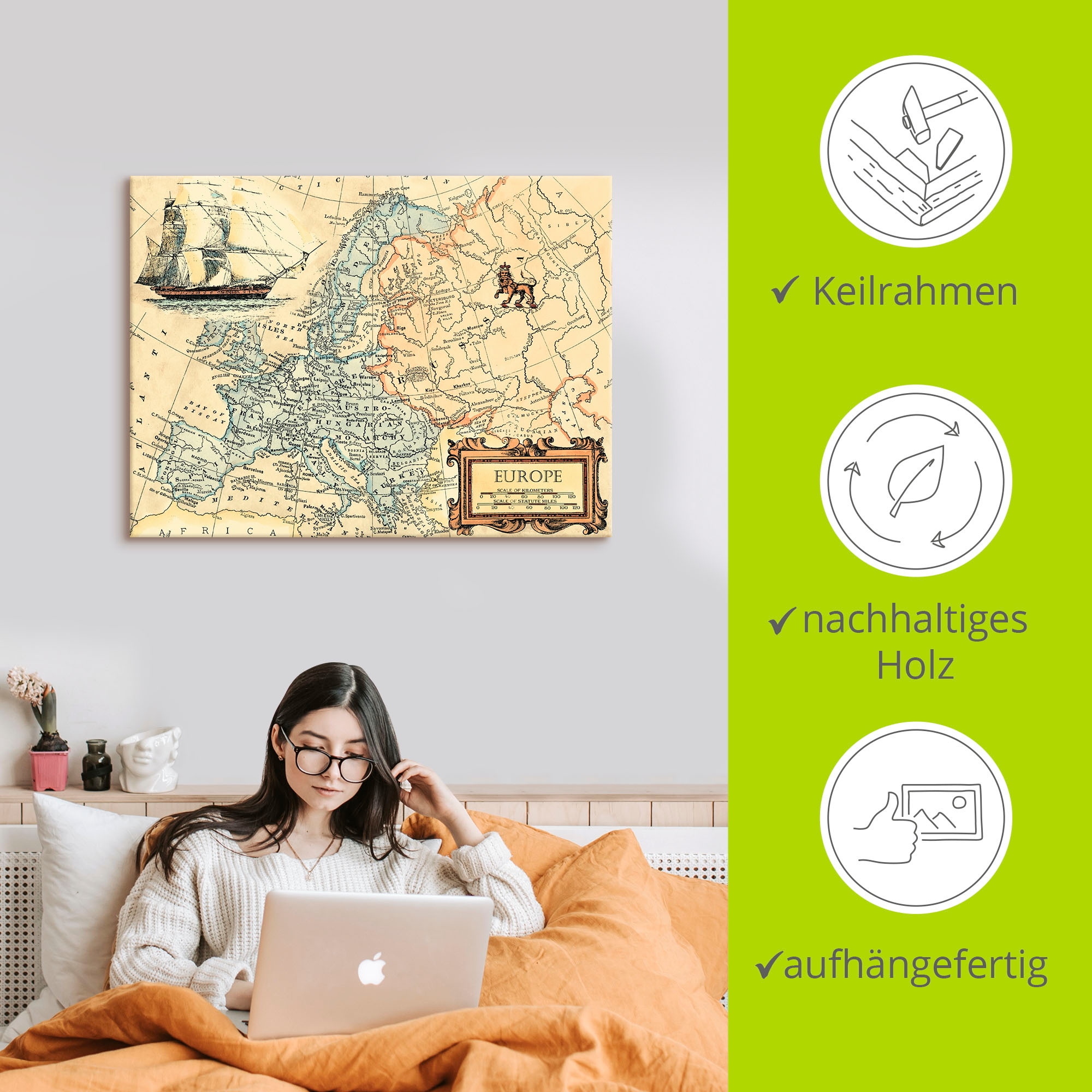 Artland Wandbild »Europakarte«, Landkarten, (1 St.), als Leinwandbild, Poster, Wandaufkleber in verschied. Grössen