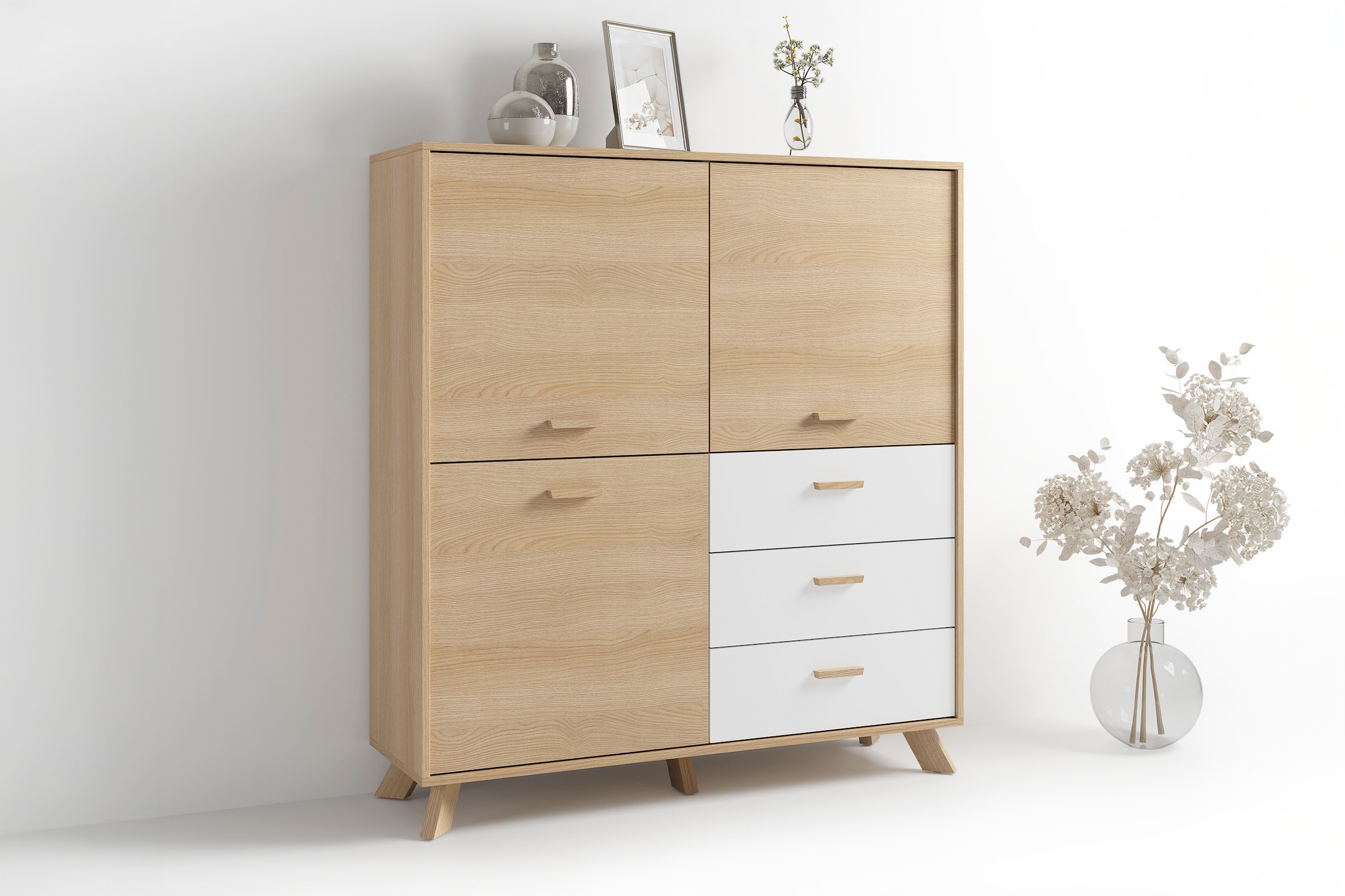 Image of byLIVING Highboard "Bastian" 1 Stk. tlg. mit massiven Holzfüssen und Griffen, natürlicher Eichenlook, 120cm