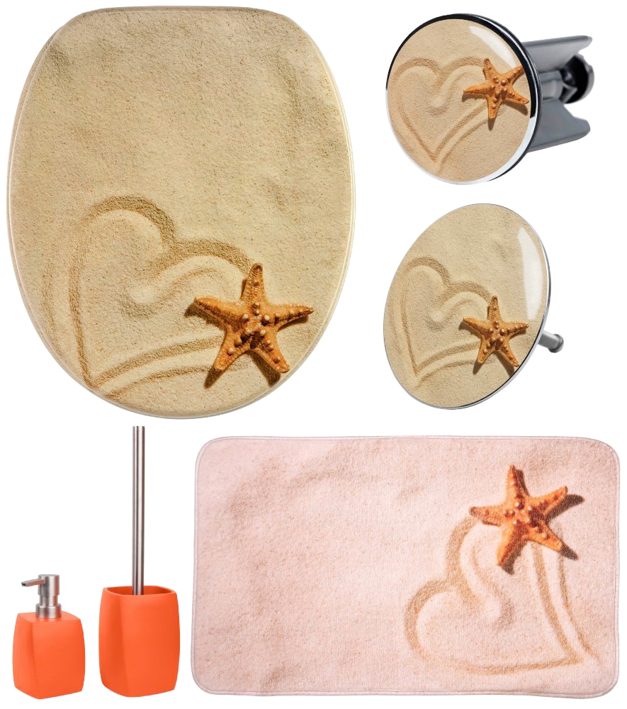 Image of Sanilo Badaccessoire-Set "Sandy" WC-Sitz, Badteppich, Stöpsel, Seifenspender und WC-Bürste