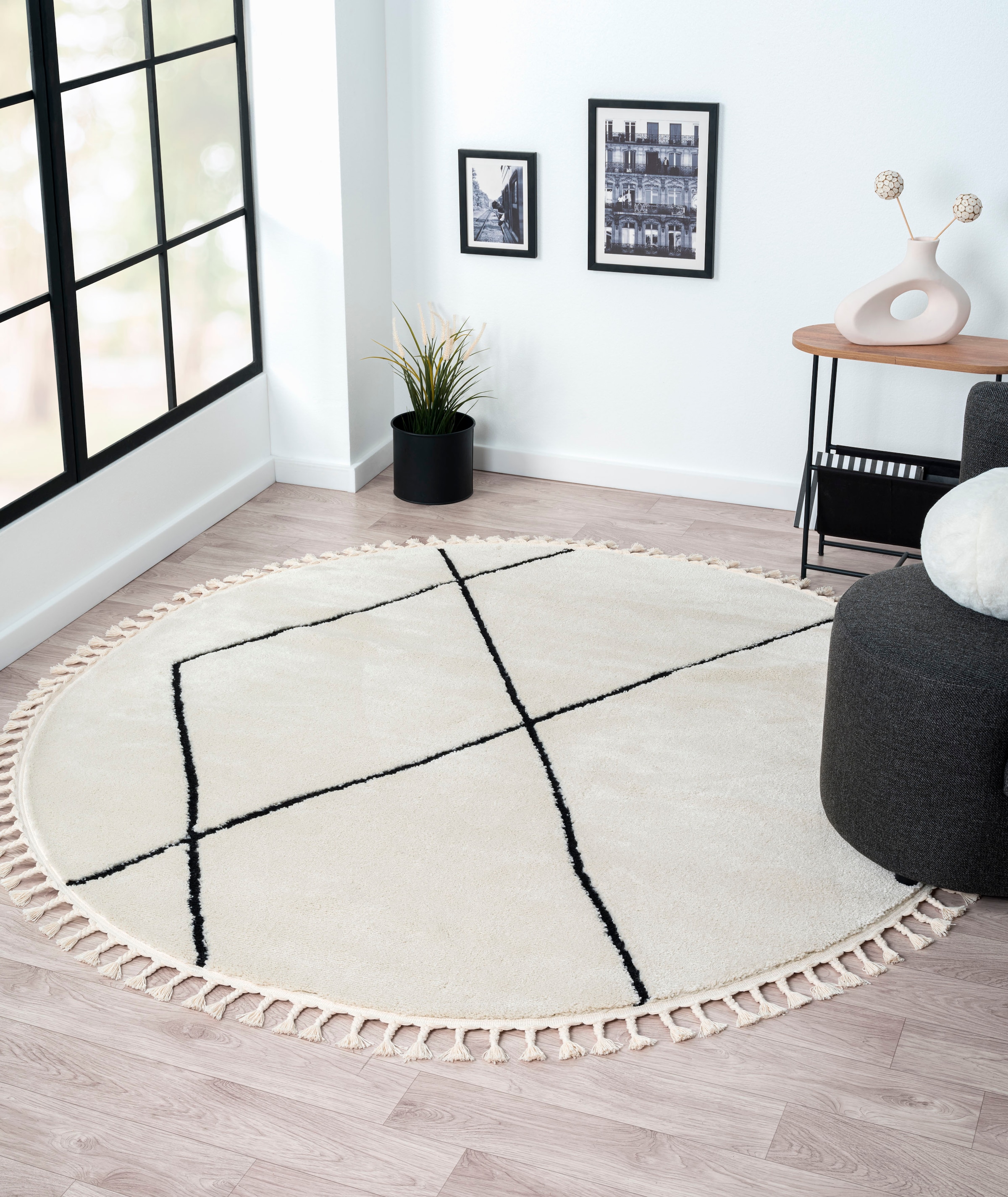 Image of Myflair Möbel & Accessoires Hochflor-Teppich "Moroccan Signature" rund 24 mm Höhe modern, marokkanisches Design, Rauten Muster, weich, mit Fransen