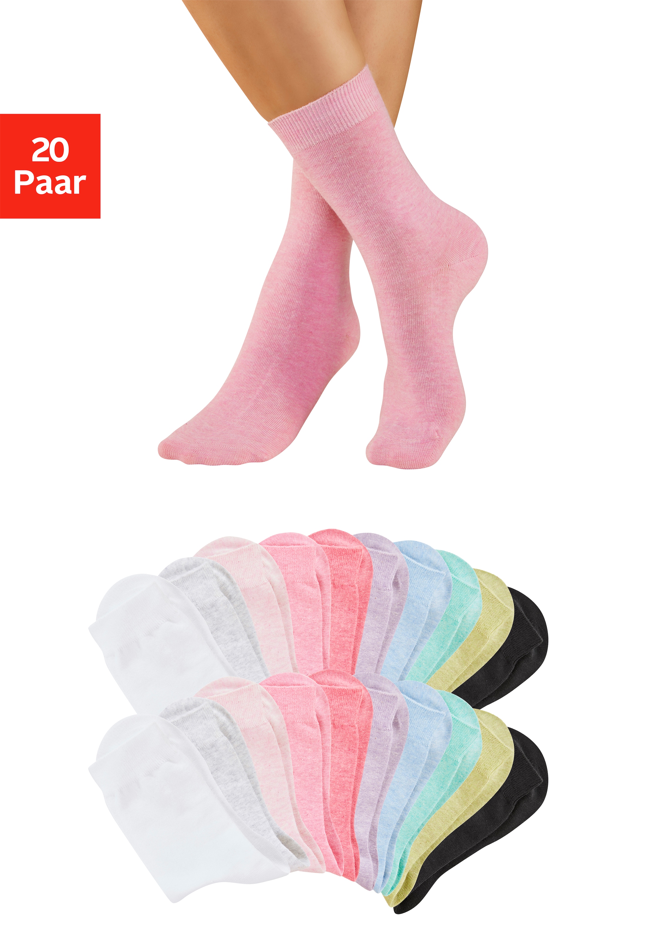 Image of H.I.S Basicsocken "Damensocken, frische melierte Farben; casual" Packung, 20 Paar tlg. Alltagssocken in der Grosspackung