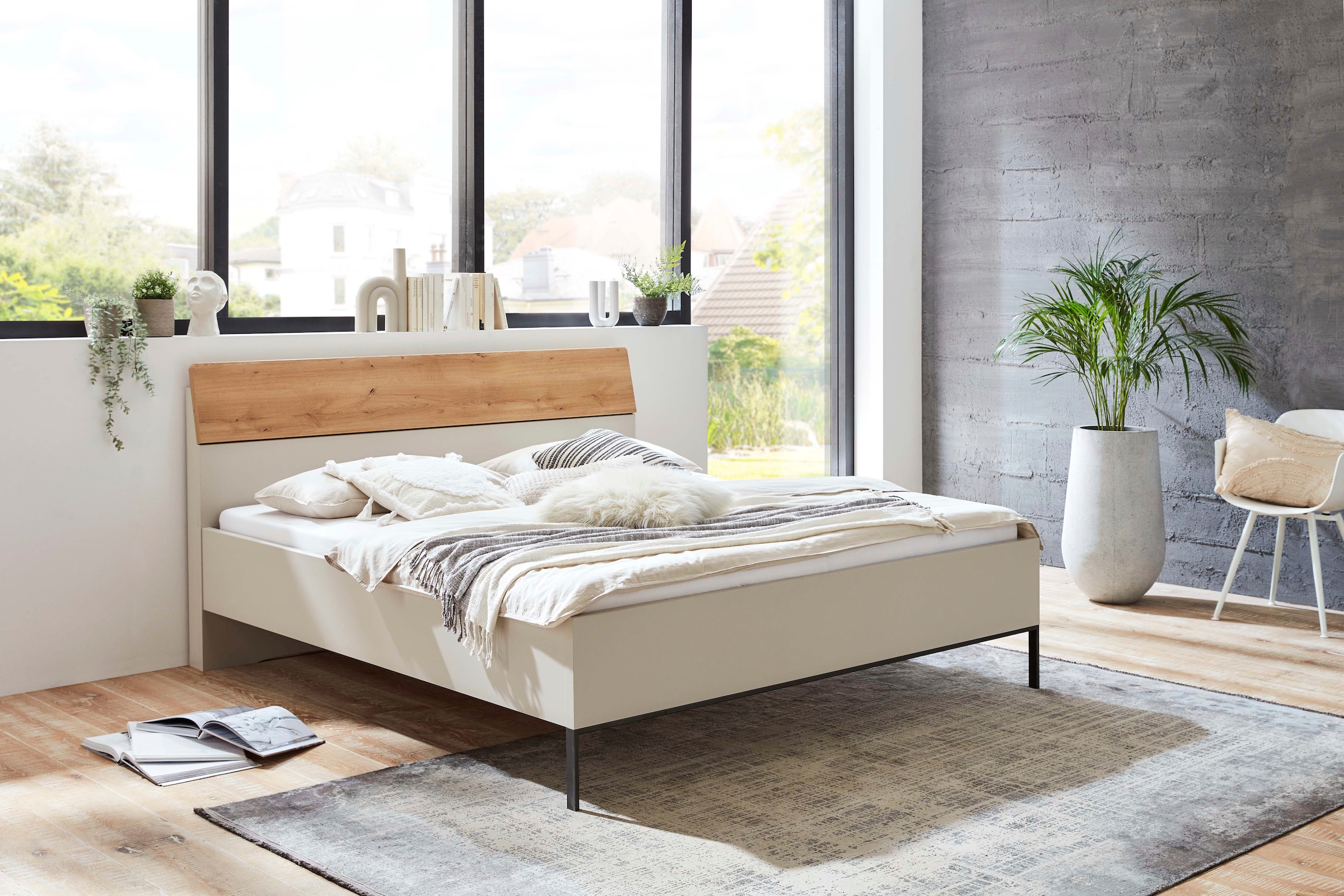 WIEMANN Lit futon »Asti« détails imitation chêne Bianco, patins en ardoise