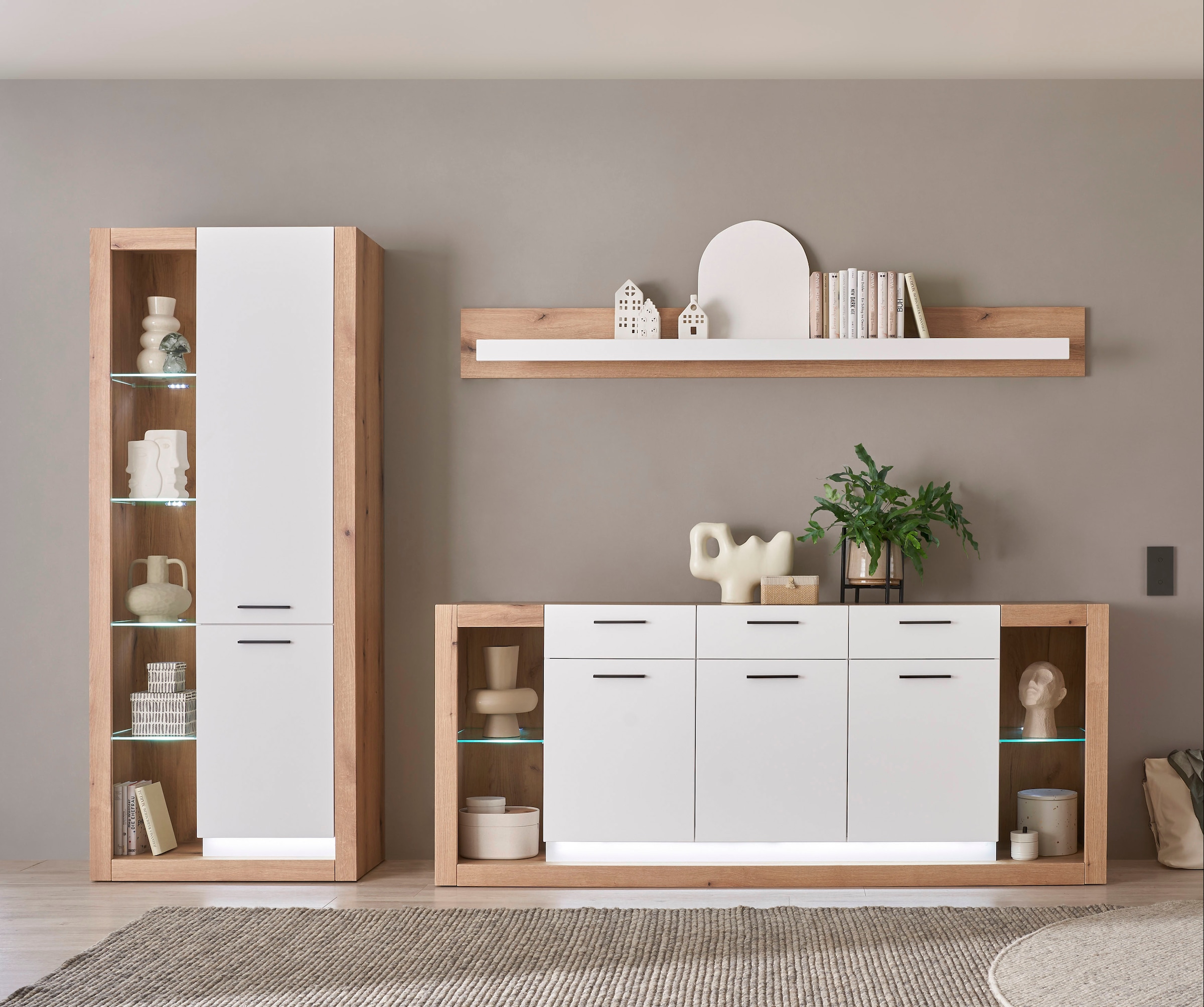 Image of Home affaire Wohnwand "Brixen, moderne Anbauwand, Wohnzimmer-Set, Eiche Evoke Dekor mit Weiss" Set, 3 Stk. tlg.