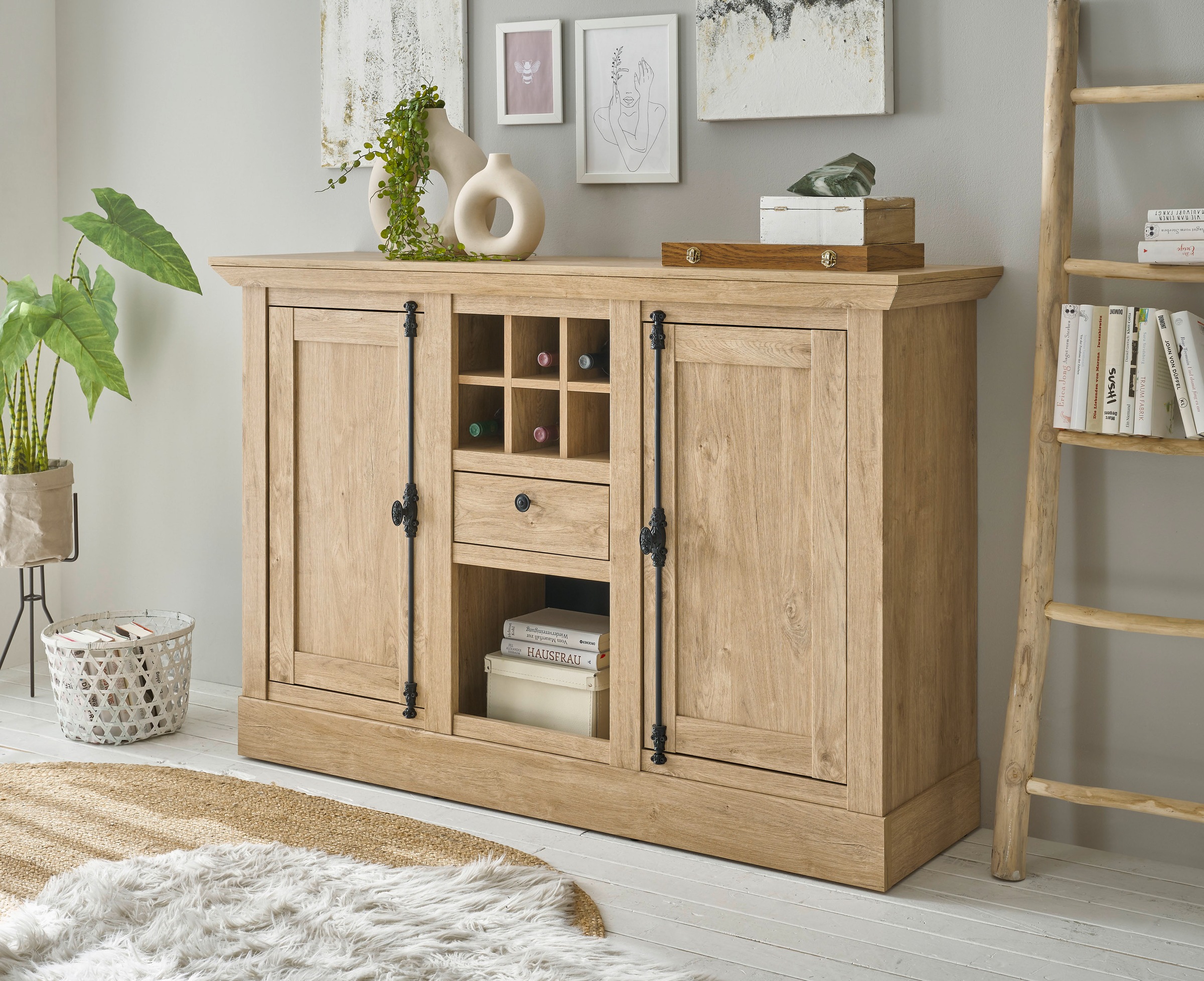 Image of Home affaire Highboard "Cornwall, Kommode im Landhausstil, Schrank, Sideboard, Eiche Dekor" 1 Stk. tlg. verschnörkelte Metallgriffe, ausreichend Stauraum, 152 cm breit