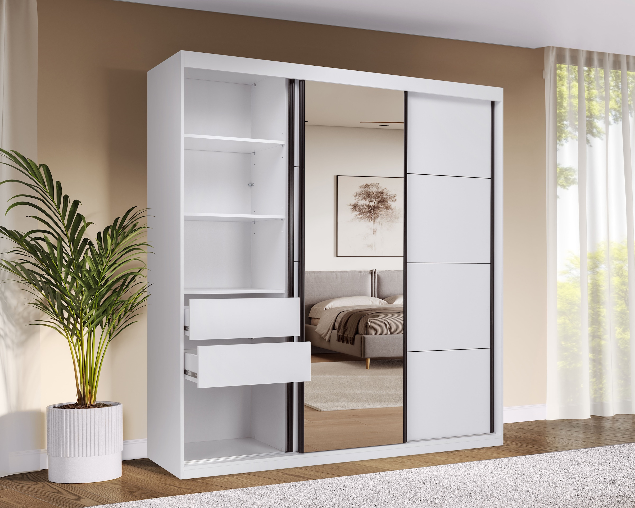 GOODproduct Schwebetürenschrank »Tonara Schrank, Kleiderschrank 2,00m Breite, Schiebetürenschrank« Schrank mit leichtgängiger Schiebetür, in 4 Farben , Top Ausstattung,  inklusive Spiegeltür, 2 Kleiderstangen, 4 Schubkastenauszügen