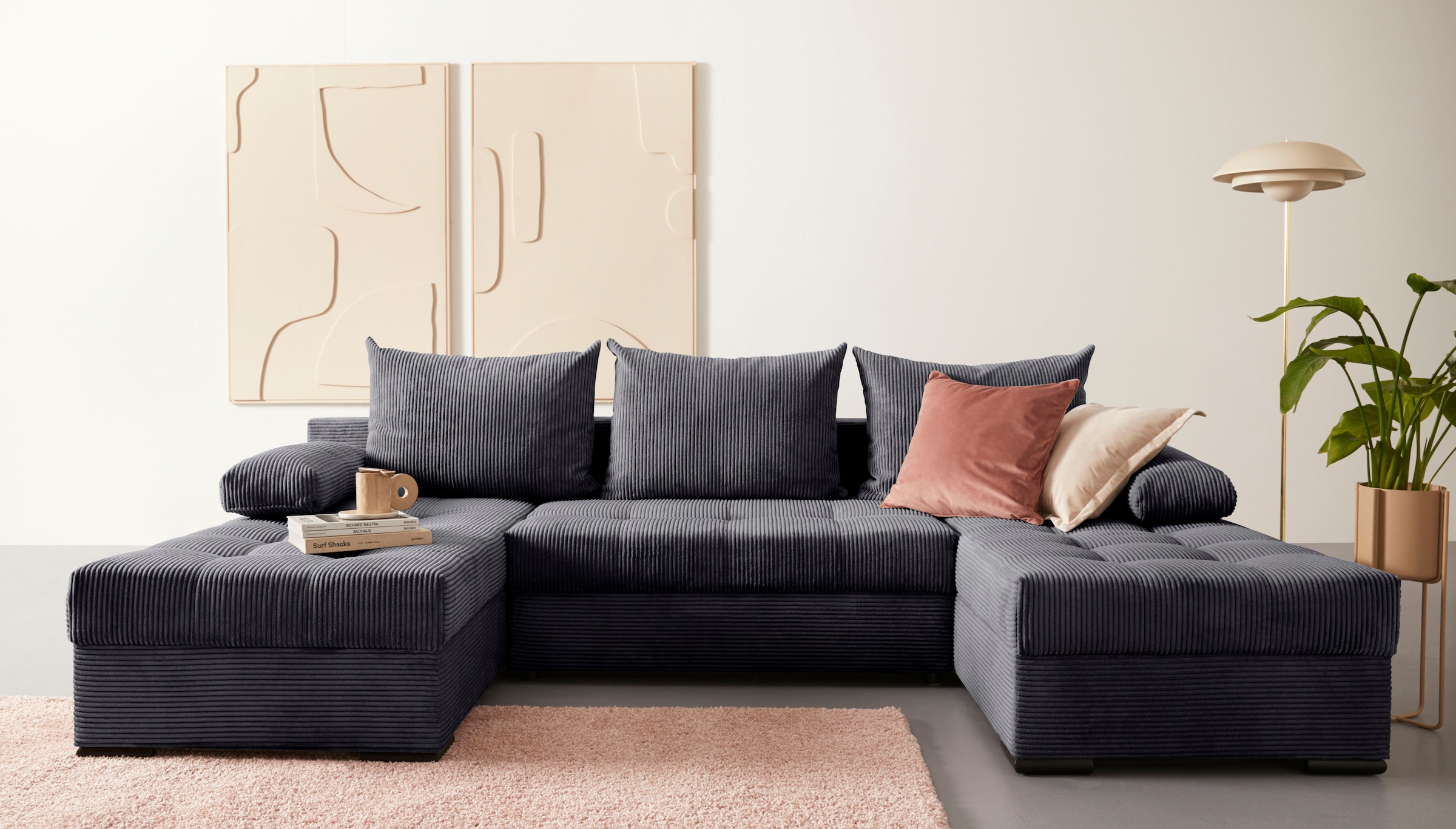 COLLECTION AB Wohnlandschaft »Josy U-Form, Breite 269 cm, Flachgewebe, Struktur, Cord & Cord/Mix«, (Cord-/Mix), inkl. Bettfunktion, Bettkasten, mit 3 gleich grossen Rückenkissen