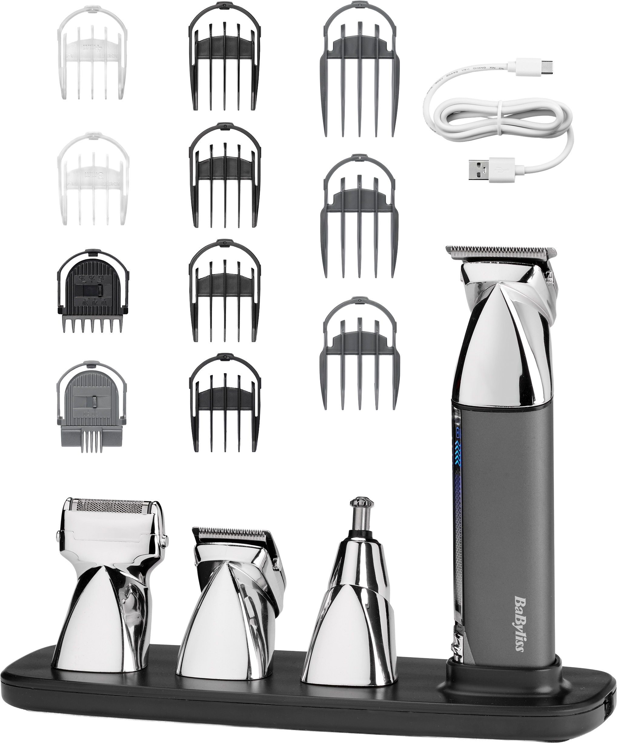 Image of BaByliss Multifunktionstrimmer "BaByliss Super-X Metal 15-in-1 Multitrimmer für Bart & Körper, MT996E" 4 Aufsätze 15 Aufsätze und Kammführungen, USB-Ladestation, kabellos