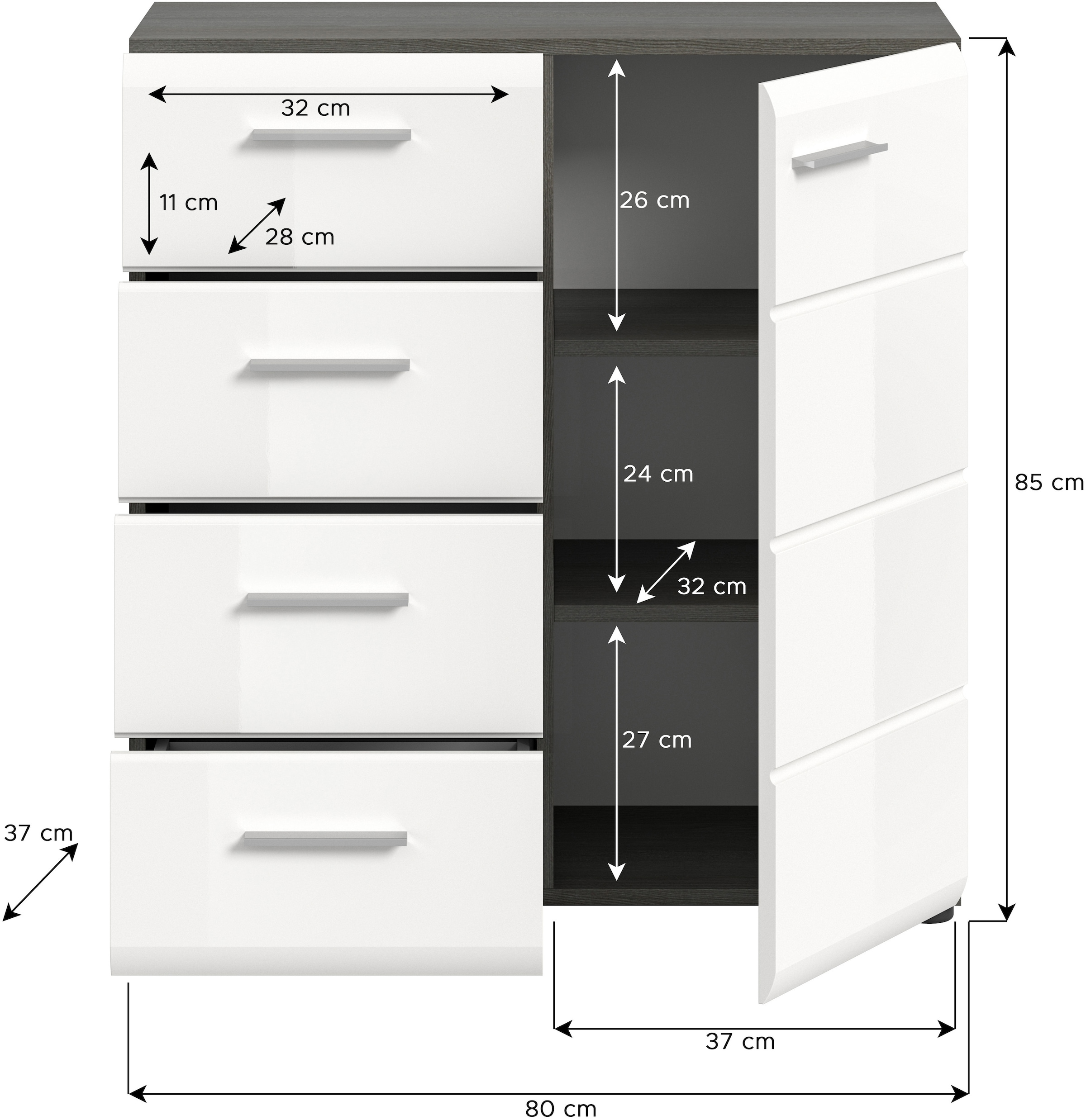 INOSIGN Kommode »Rumba, Breite 75cm, in Rauchsilberfarben Nachbildung/Weiss Hochglanz«, Kommode, Sideboard, Schrank