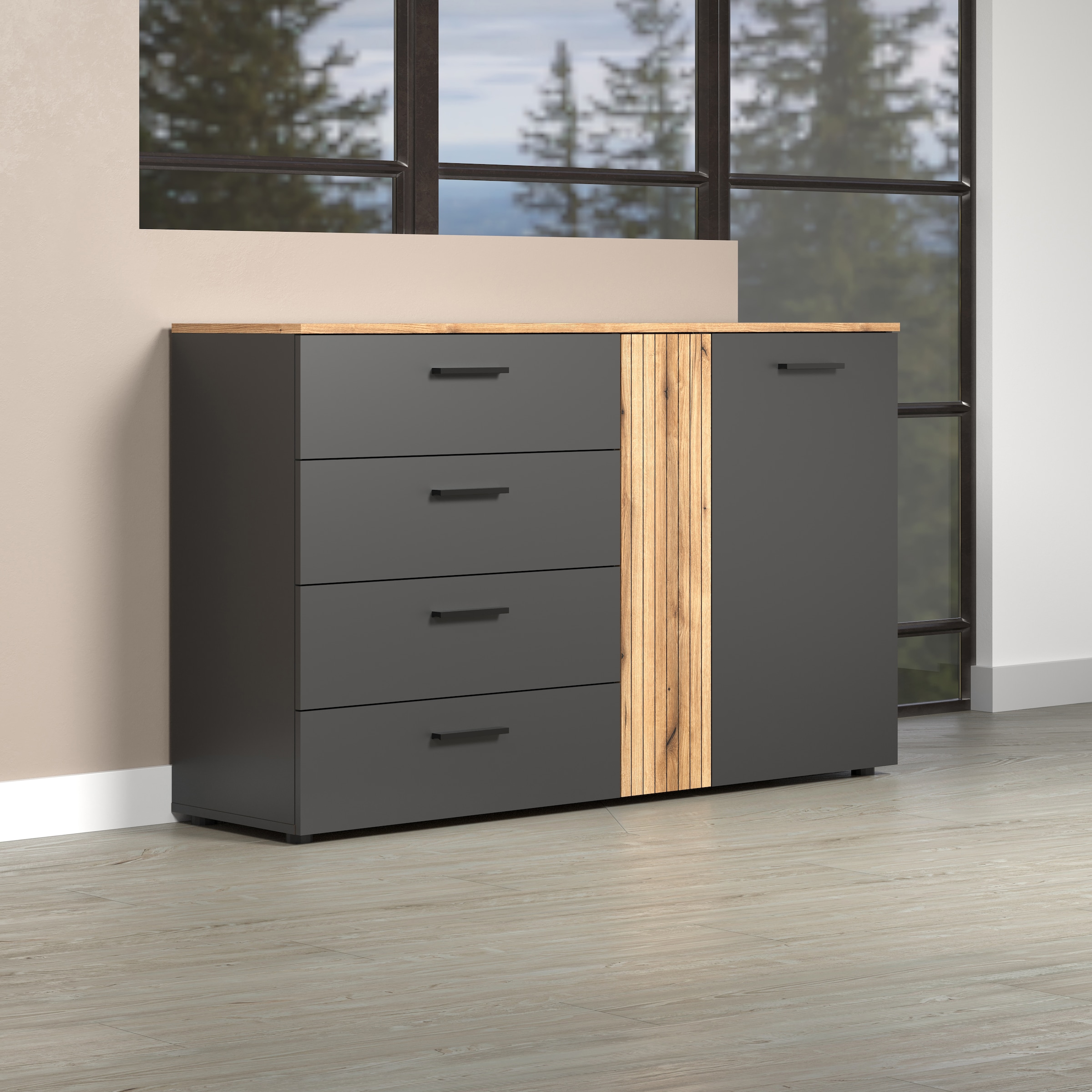 INOSIGN Kommode »Estepona«, (1 St.), Schubladenschrank in Rillenoptik mit Vollauszug-Funktion
