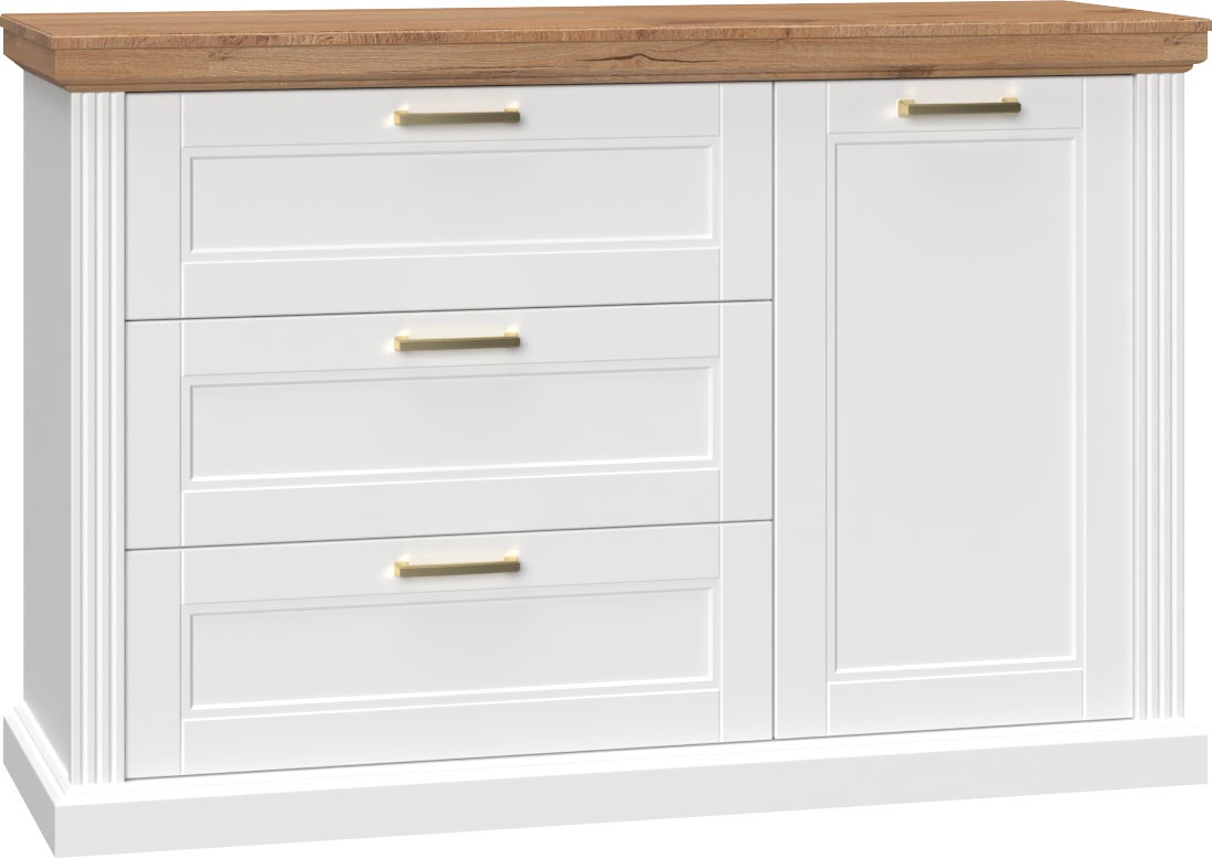 Image of GOODproduct Sideboard "Tara, Landhaus Kombikommode B/T/H: 138/48/91 cm, FSC-zertifiziert" Soft-Close-Funktion, goldfarbene Metallgriffe, Innendekor Holzoptik, lackiert mit wasserbasiertem UV-Lack, unempfindlich und kratzfest