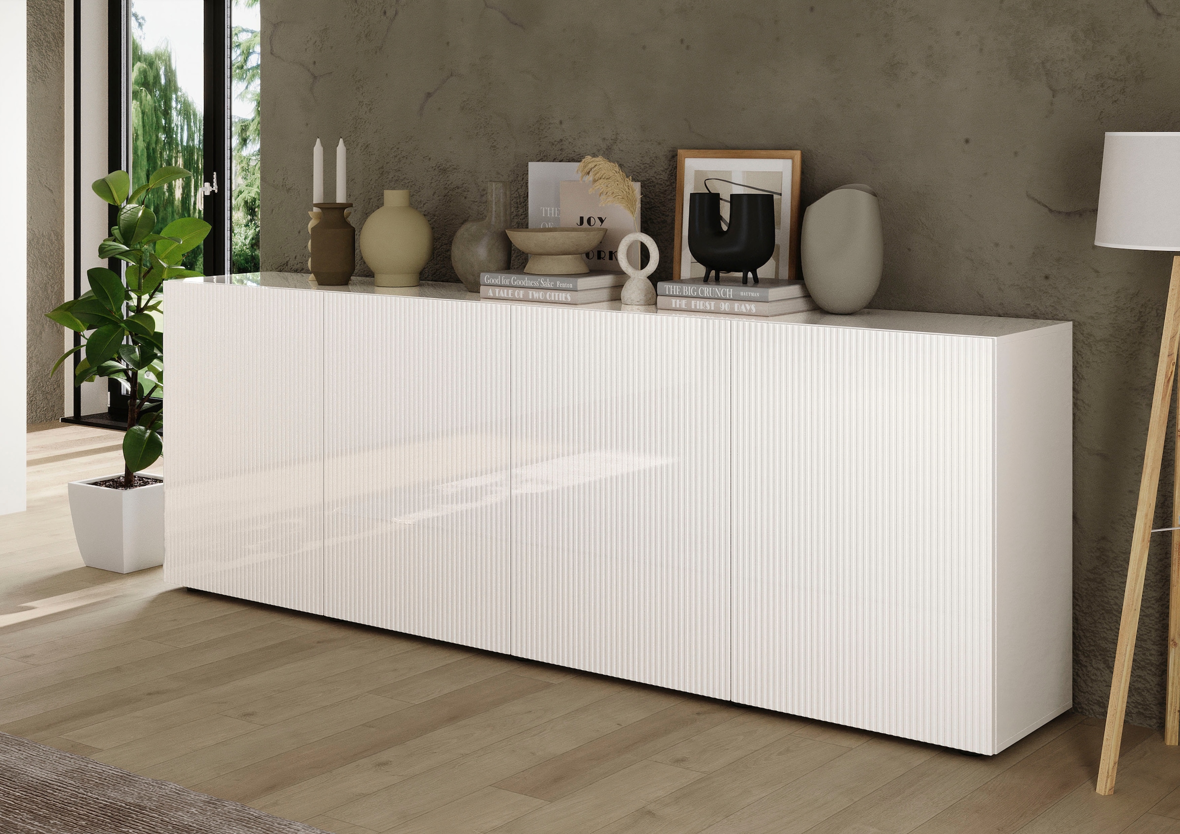 INOSIGN Sideboard »Rio Breite 240 cm, Kommode mit 4 Türen, Anrichte,« geriffelte MDF-Fronten, modern u. elegant, viel Stauraum
