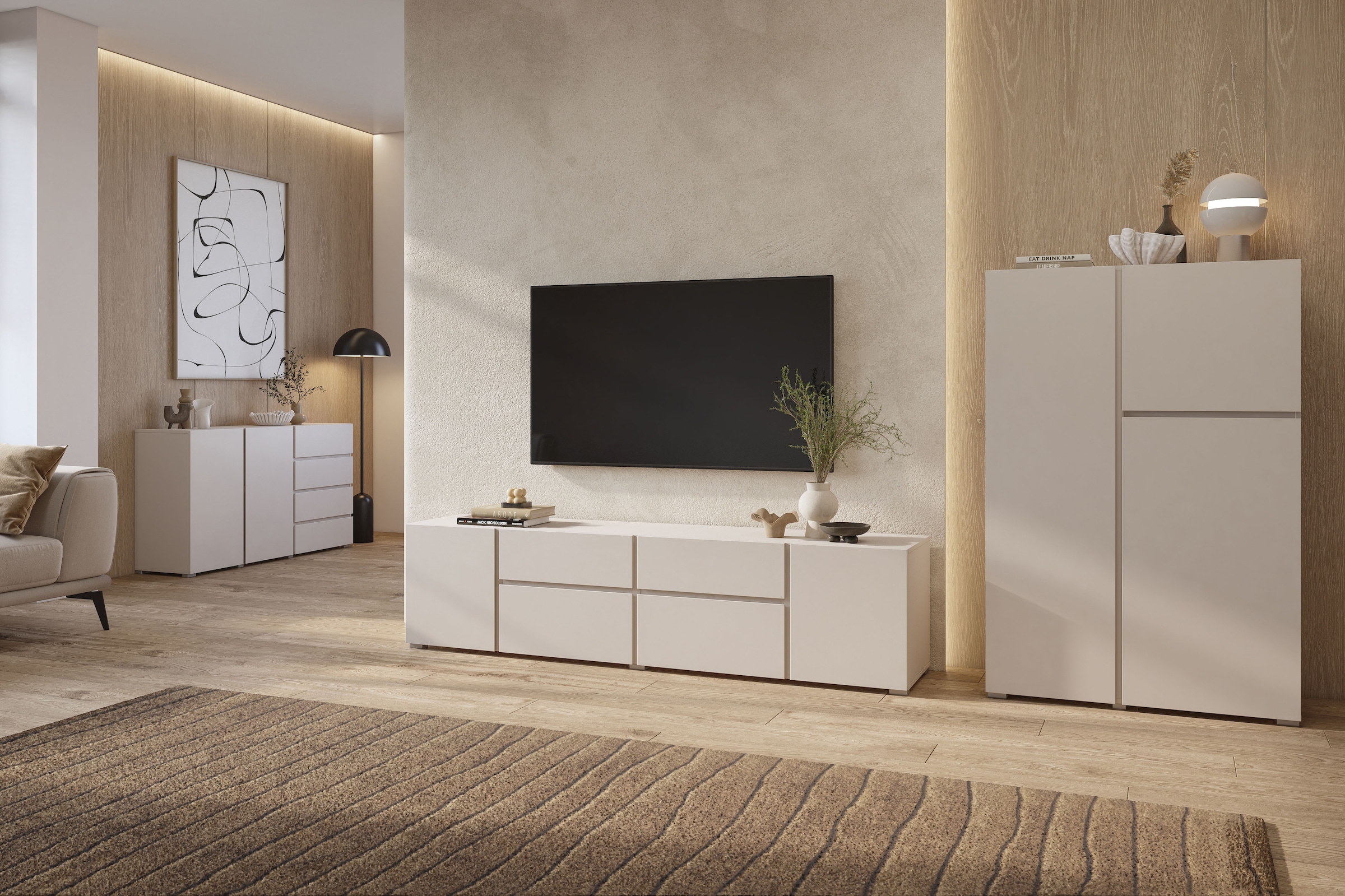 GOODproduct Table basse »Metric,Breite 195cm, grifflose Lowboard 2Klappen/2Schubkästen/2Tür« TV-Schrank mit viel Stauraum, TV-Board
