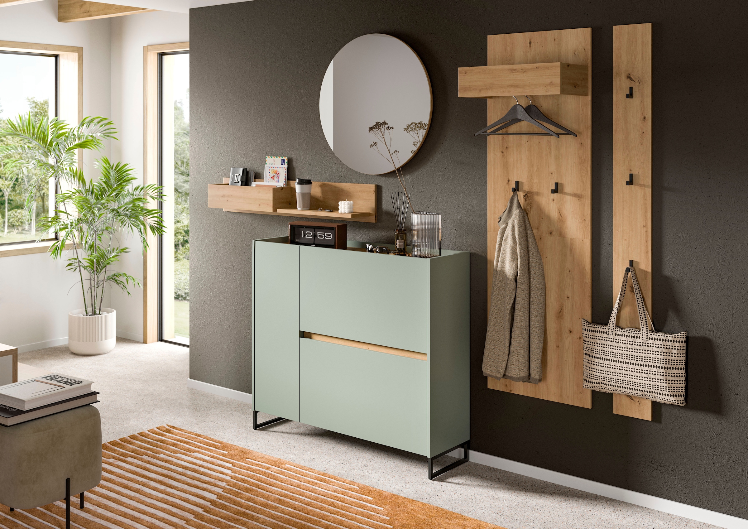 Home affaire Ensemble de vestiaires »EVRID, 5-teilig, Breite 236 cm, individuell stellbar & erweiterbar« best. aus.: Wandboard, Kommode, Spiegel, Garderobenpaneel, Hakenleiste, 5 cuis tlg.