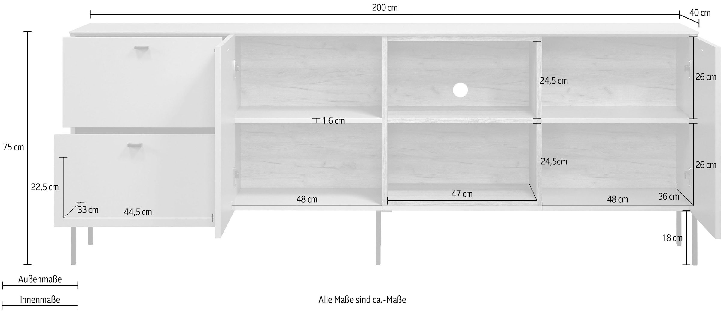 Places of Style Lowboard »San Pedro«, (1 St.), TV-Lowboard mit Türen, Schubkasten & Soft-Close - (B/T/H) 200/40/75 cm