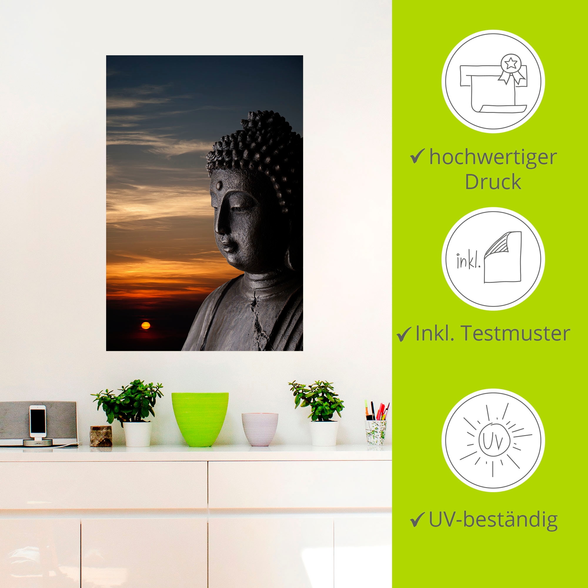 Artland Wandbild »Buddha Statue vor Sonnenuntergang«, Buddhismus, (1 St.), als Alubild, Leinwandbild, Wandaufkleber oder Poster in versch. Grössen