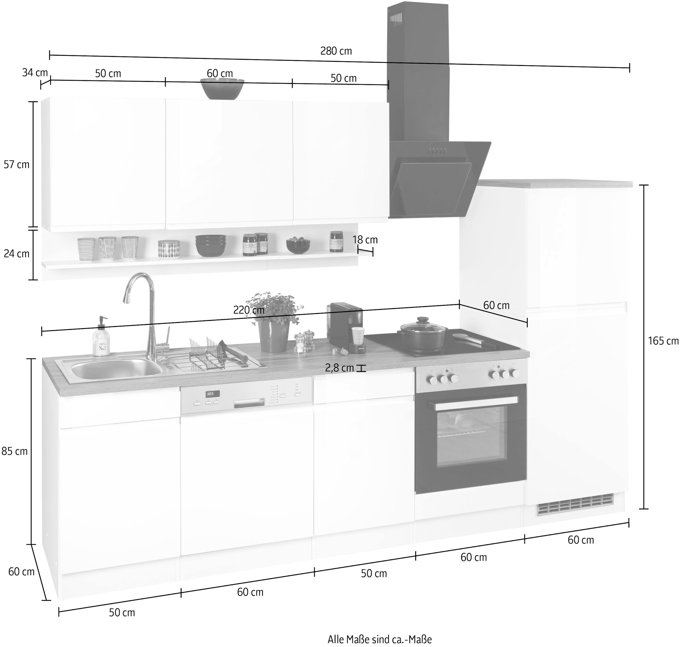 KOCHSTATION Küchenzeile »KS-Virginia,neu in verbesserter Ausführung« Arbeitsplatte 38 mm stark, Stauraum, Softclose,  Breite 280 cm, Soft-Close, wahlweise mit E-Geräten