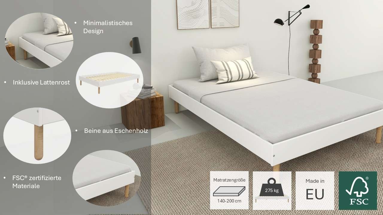Home affaire Bett »Dagmar, Bettgestell, teilMDF, minimalistisches Design«, Breite 140 cm, inklusive feste Latten aus massiver Kiefer