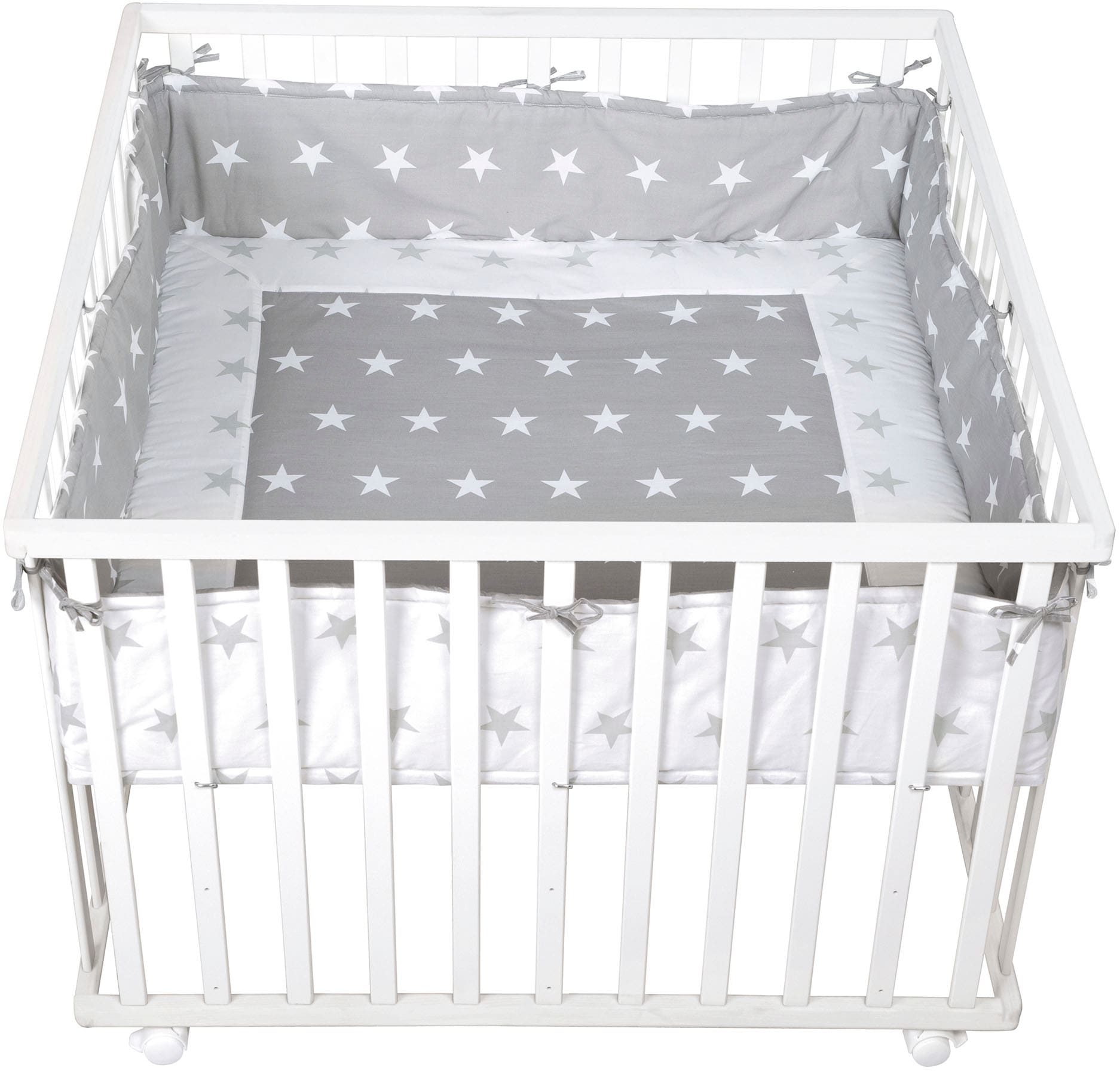 Image of roba Laufgitter "Little Stars, 100x100 cm, weiss" bis 15 kg mit Stoffeinlage und Nestchen; Rollen, höhenverstellbar