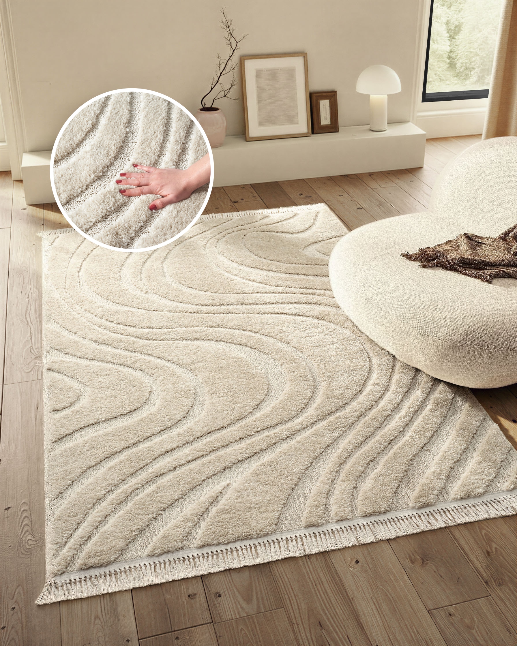 Image of homsy by Ana Johnson Teppich "Waavy mit Fransen, Wellen Design" rechteckig 20 mm Höhe Boho, 3D Optik, Scandi, Hoch-Tief, Wohnzimmer, Schlafzimmer