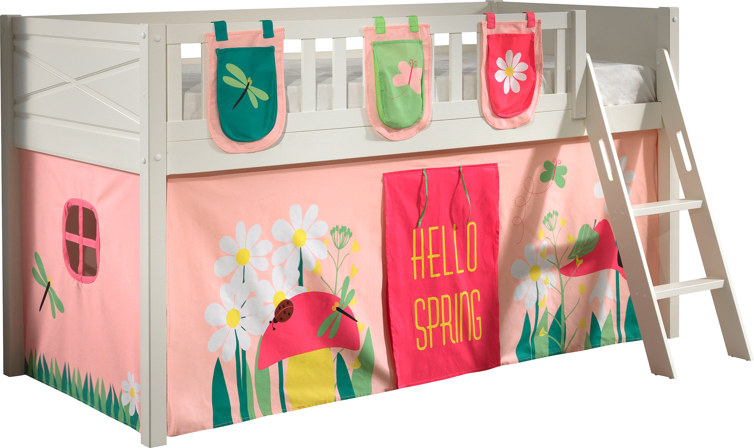 Image of Vipack Hochbett "Scott" Made in Europe, mit schräger Leiter, LF 90x200 cm, Vorhang, Tasche, 4 Designs