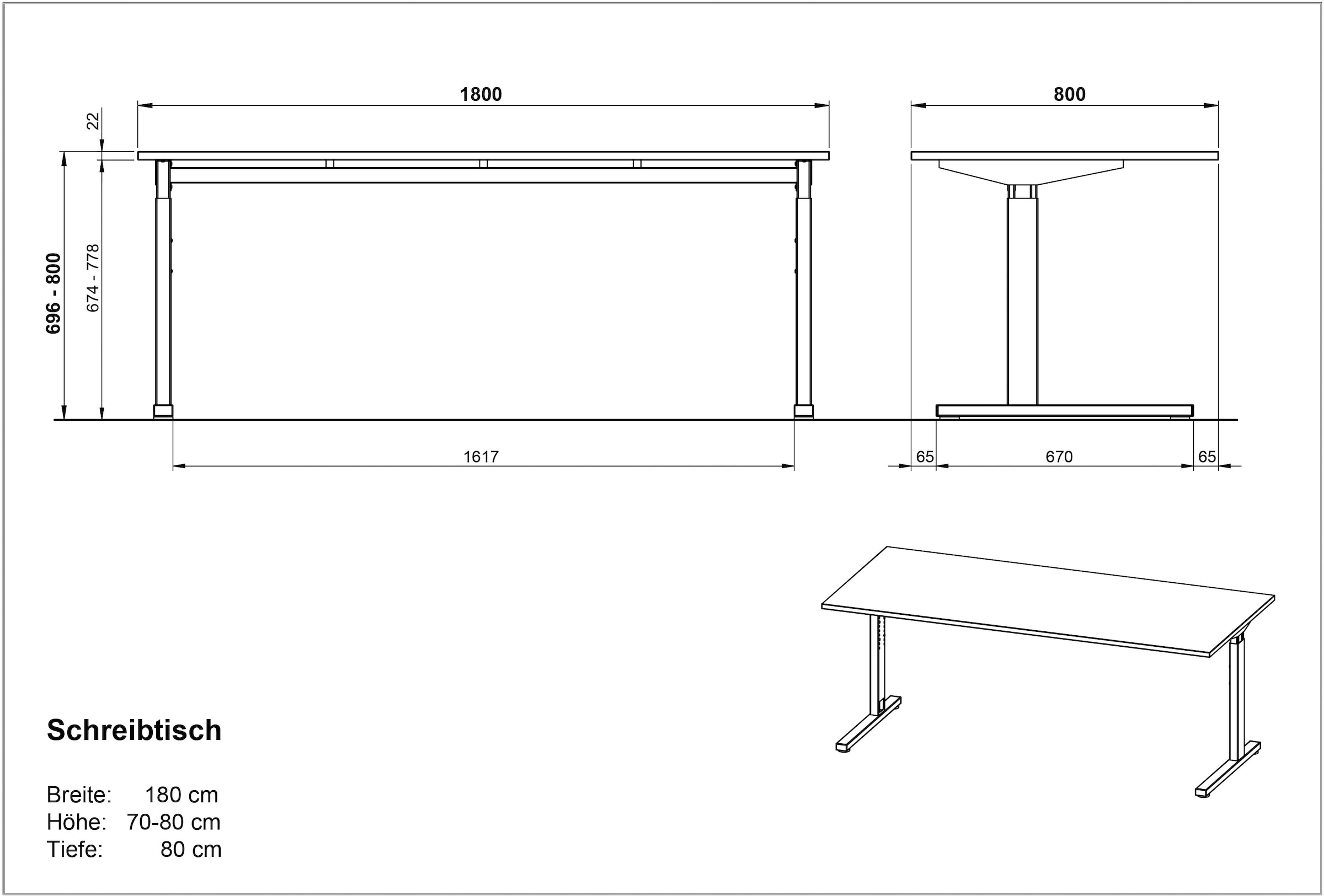 GERMANIA Bureau »GW-Profi 3.0« hauteur réglable (70-80 cm), en 2 largeurs, fabriqué en Allemagne