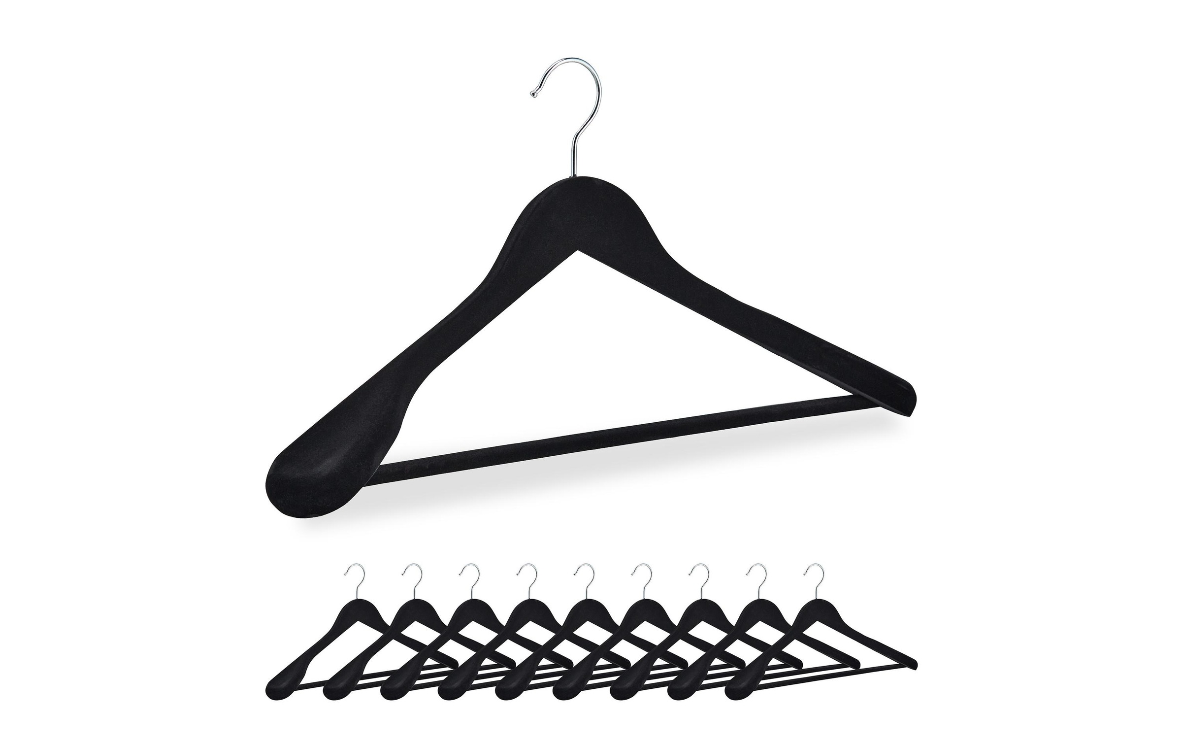 Cintre velours, en lot de 10, épaules larges, avec traverse pour pantalon, crochet 360 degrés, noir - Relaxdays