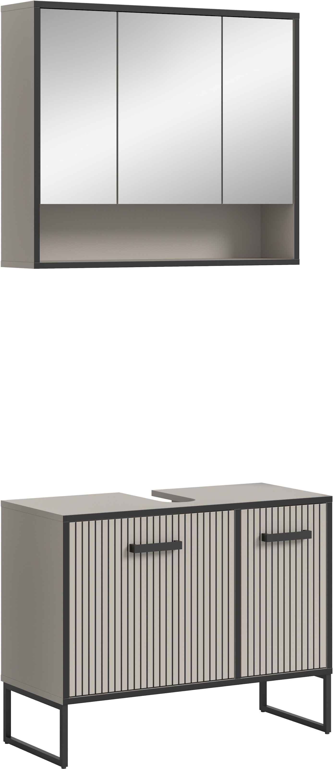 Image of welltime Badezimmer-Set "LOCRI, 2-tlg. Badkombination, Breite 80 cm, Rillenoptik, Metallkufen" bestehend aus: Waschbeckeunterschrank & Spiegelschrank, 2 Stk. tlg.