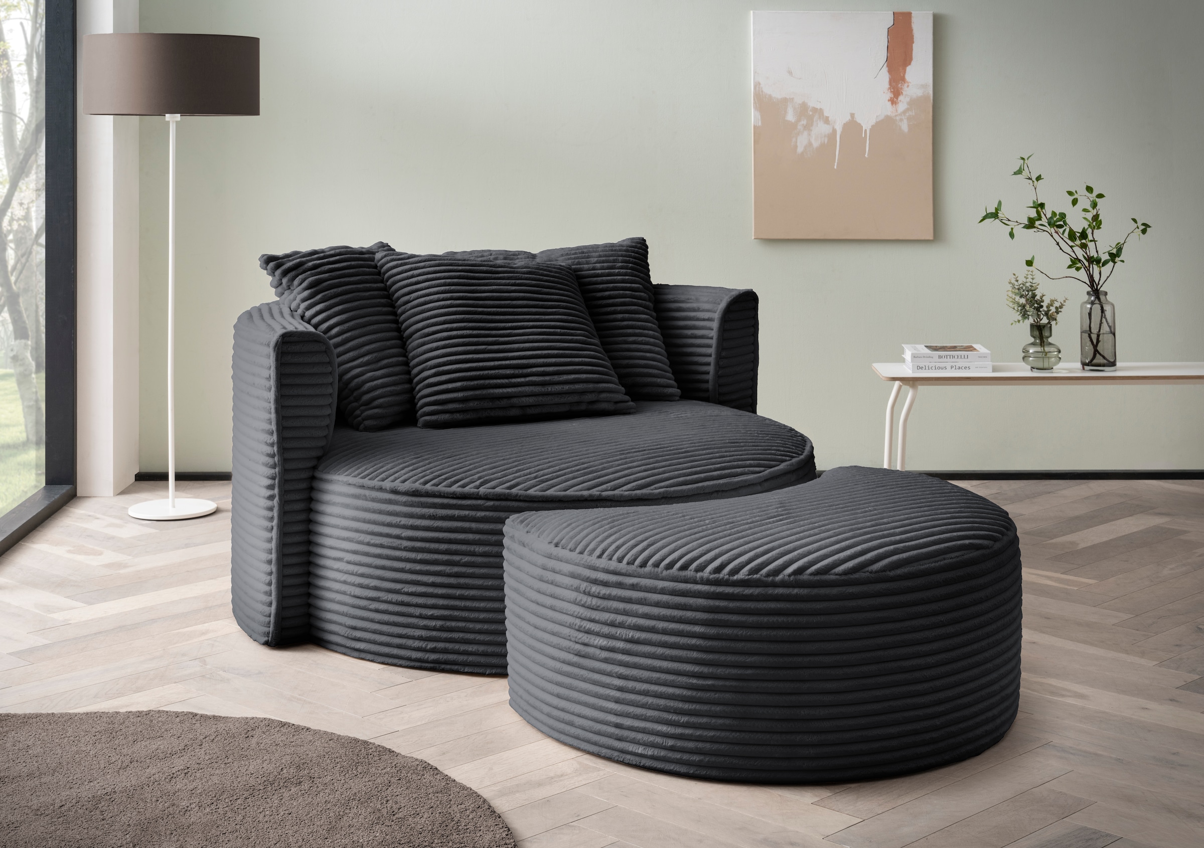 LeGer Home by Lena Gercke XXL-Sessel »Isalie, Rundsessel mit Hocker, Lesesessel, Loveseat, Big-Sessel«, (Set), trendige Stoffe, mit 3 Zierkissen, grosse Sitzfläche